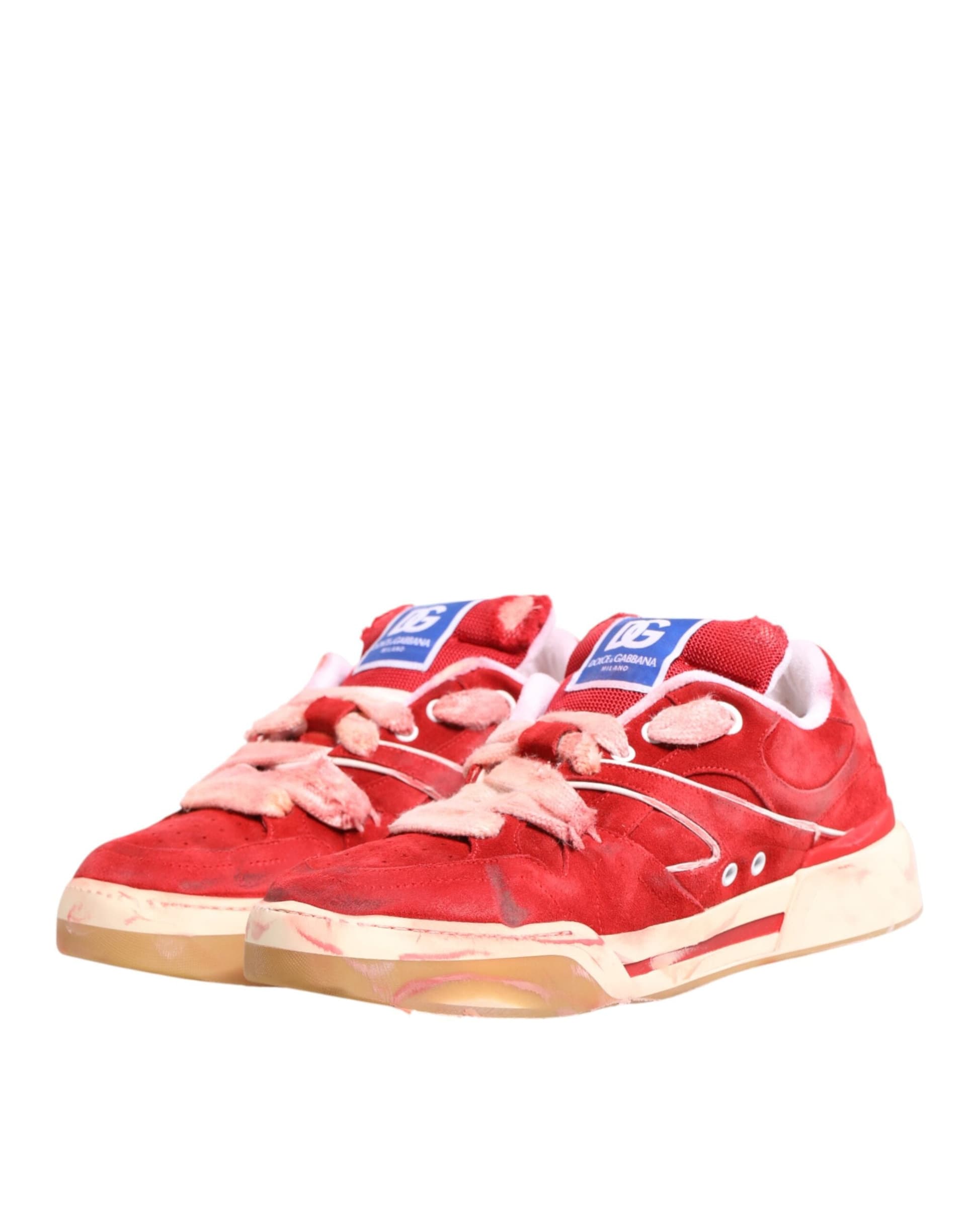 Dolce & Gabbana Red White Suede DG Logo Low Top Sneakers Shoes - 6