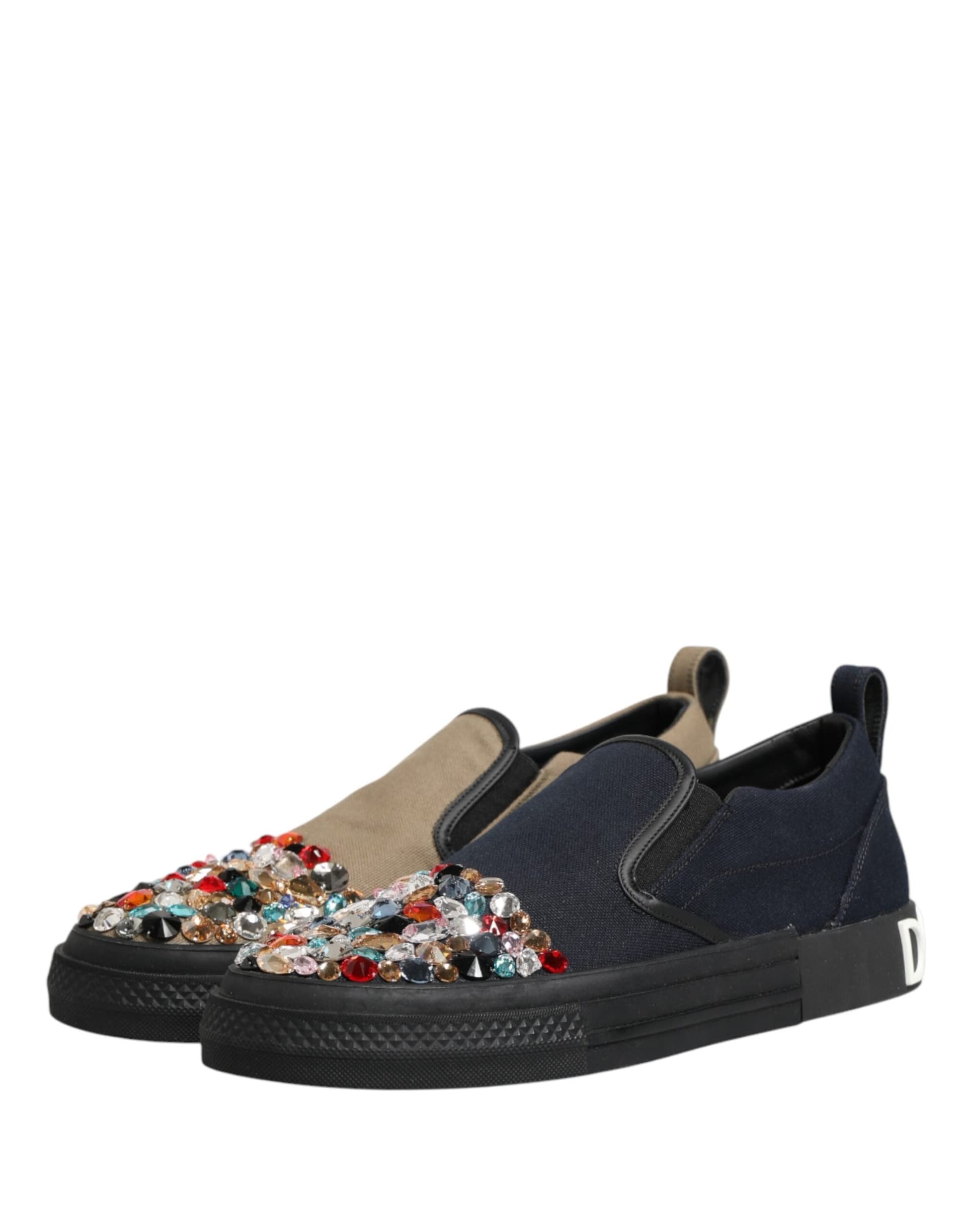 Dolce & Gabbana Blue Canvas Embellished Slip On Men Sneakers Shoes - 3