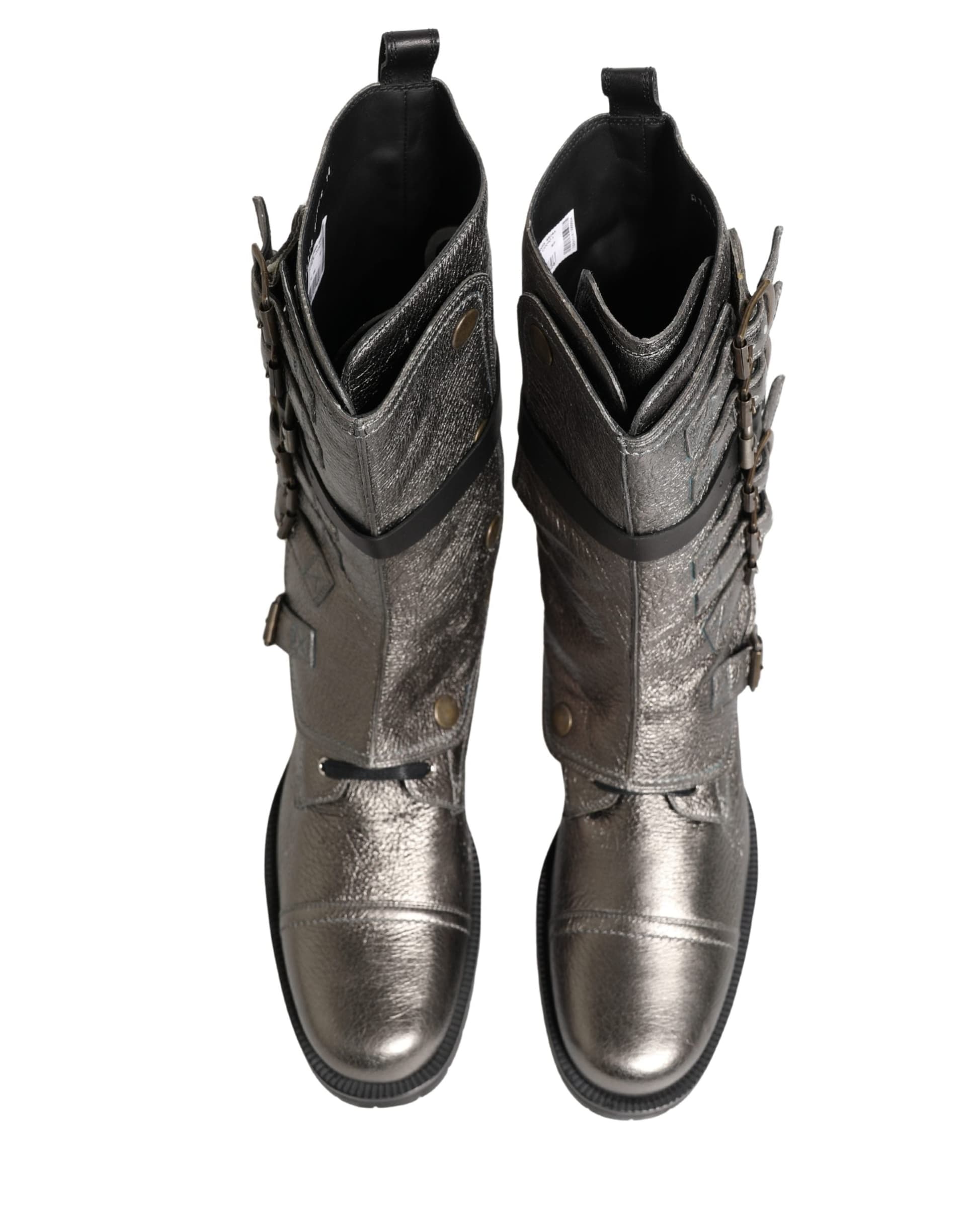 Dolce & Gabbana Metallic Silver Combat Biker Mid Calf Boots Shoes - 2