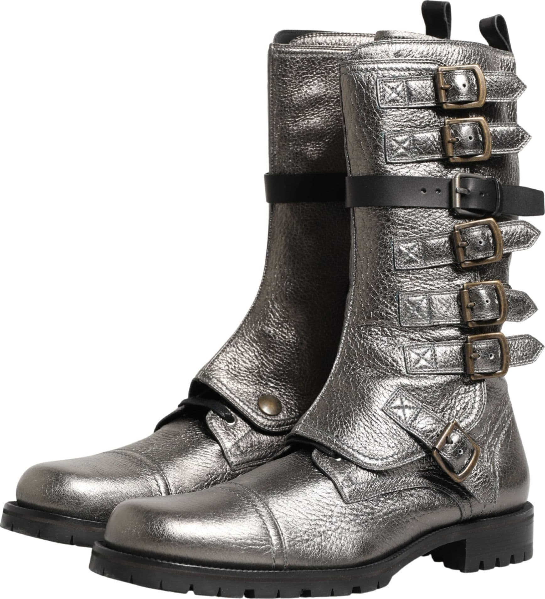 Dolce & Gabbana Metallic Silver Combat Biker Mid Calf Boots Shoes - 3