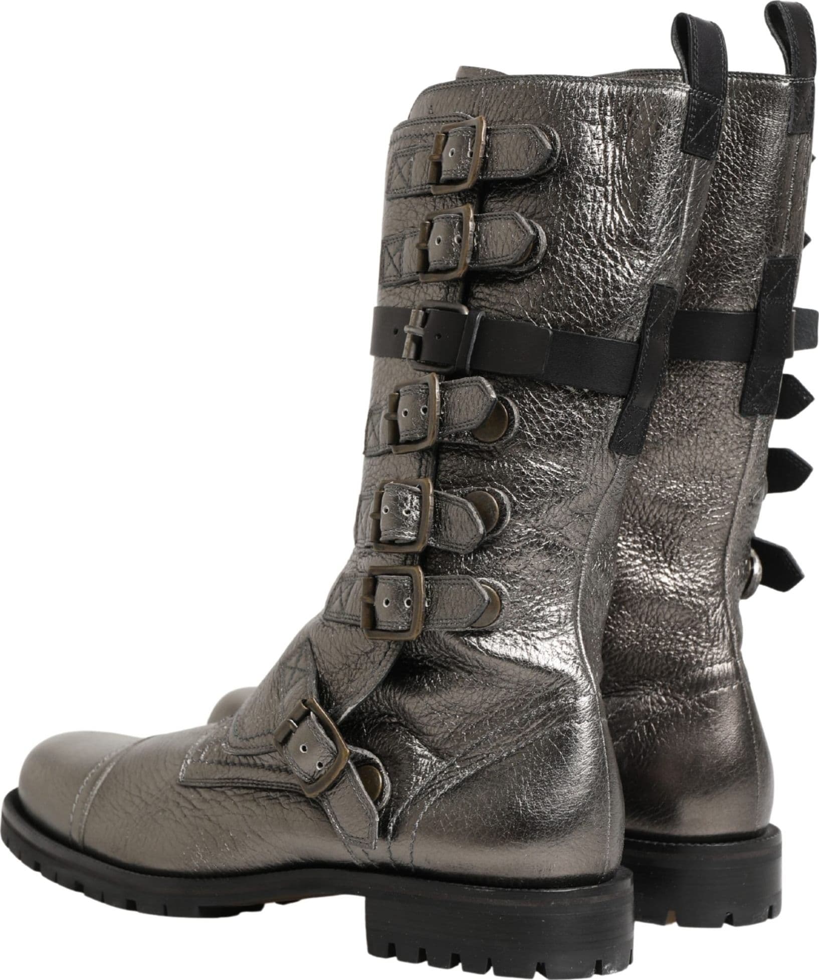 Dolce & Gabbana Metallic Silver Combat Biker Mid Calf Boots Shoes - 4