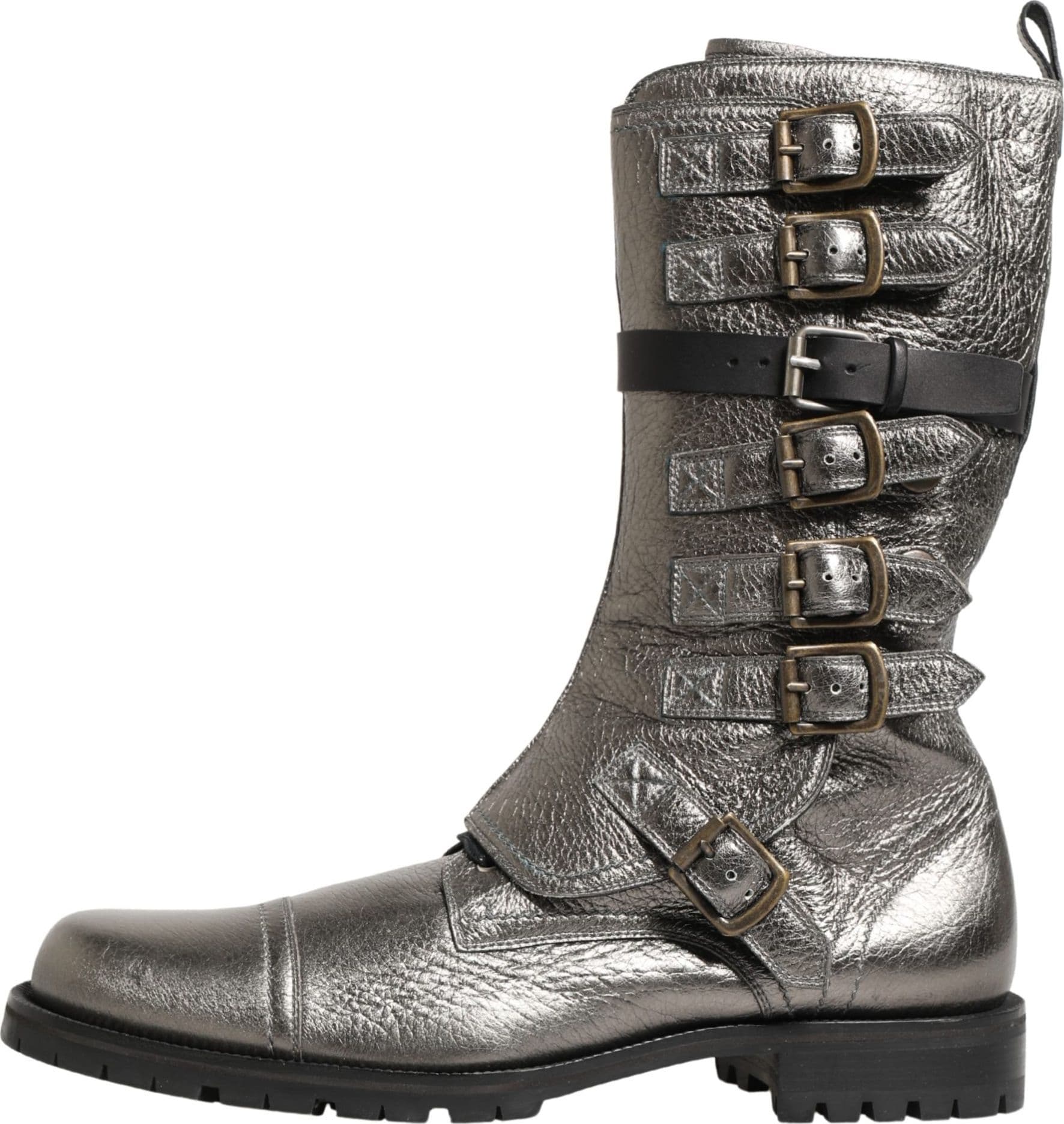 Dolce & Gabbana Metallic Silver Combat Biker Mid Calf Boots Shoes - 5