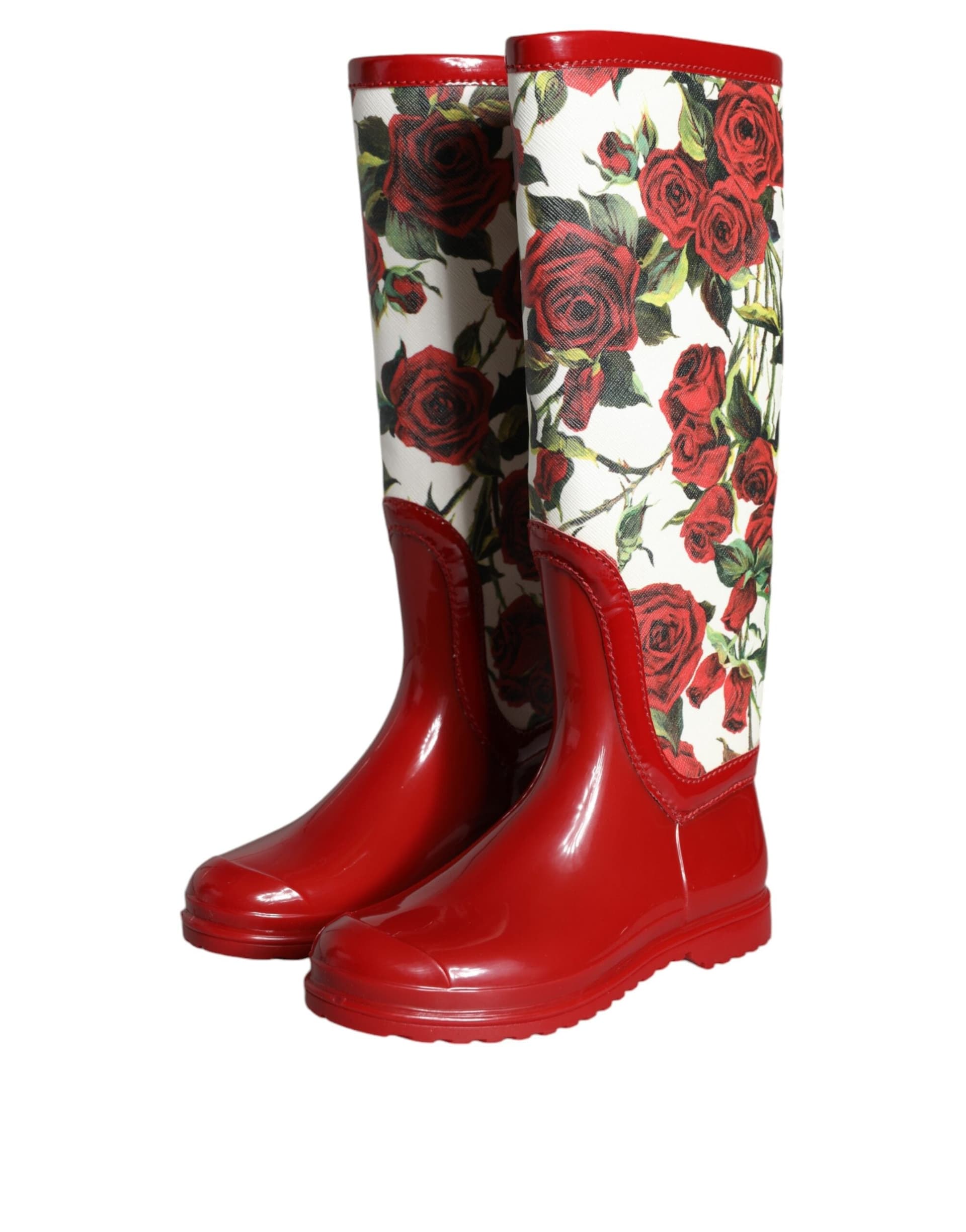 Dolce & Gabbana Red Floral Rubber Knee High Flat Boots Shoes - 2