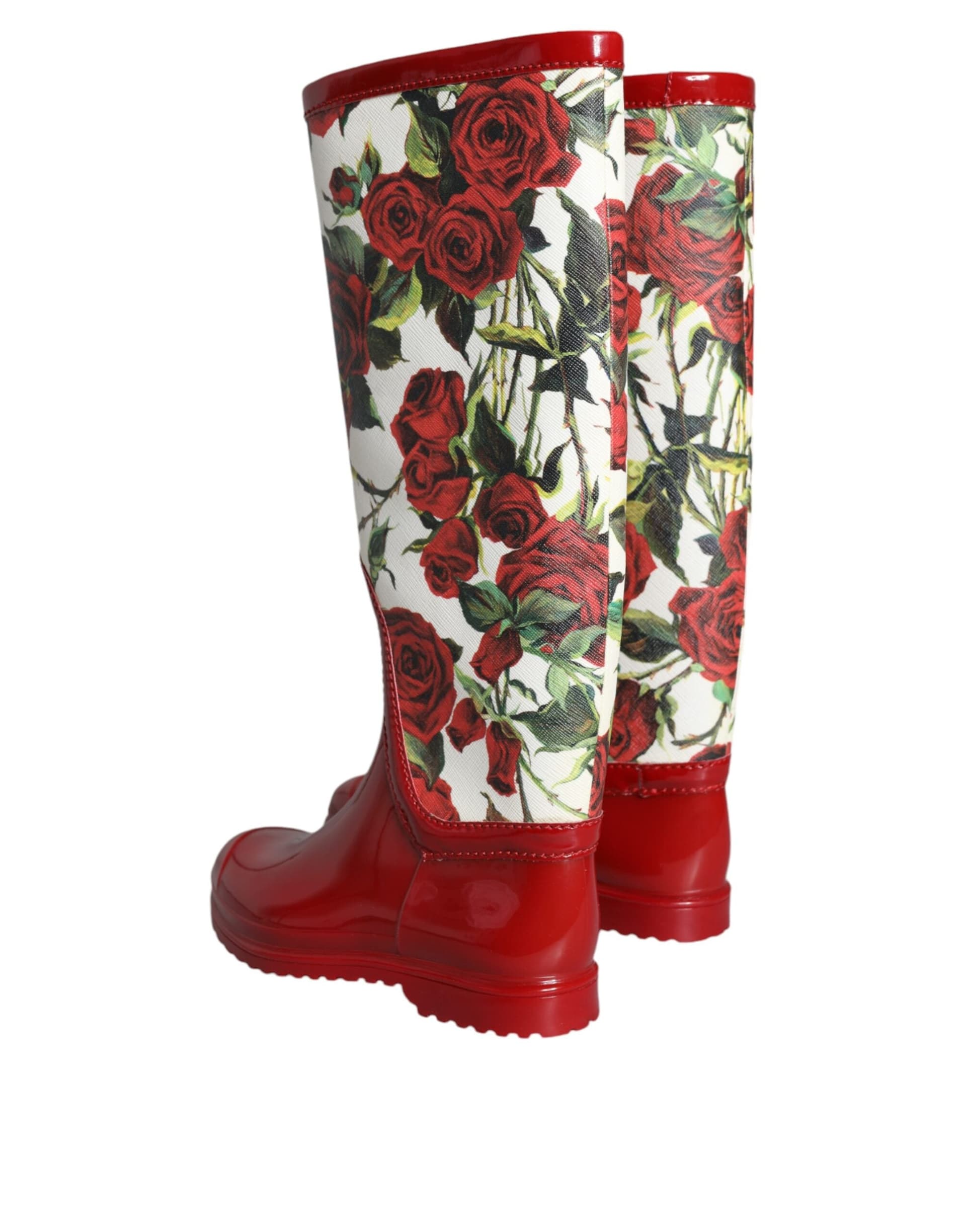Dolce & Gabbana Red Floral Rubber Knee High Flat Boots Shoes - 3