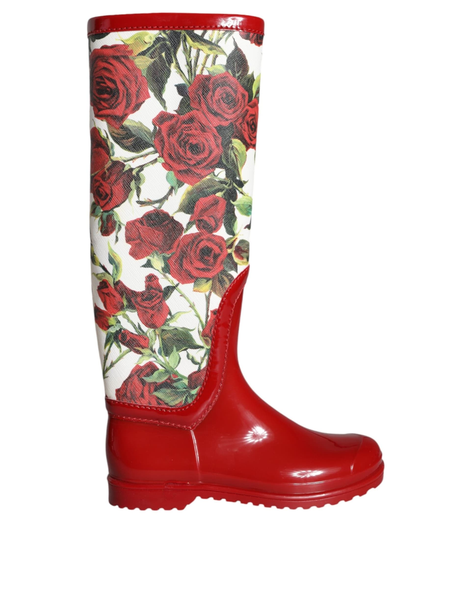 Dolce & Gabbana Red Floral Rubber Knee High Flat Boots Shoes - 4