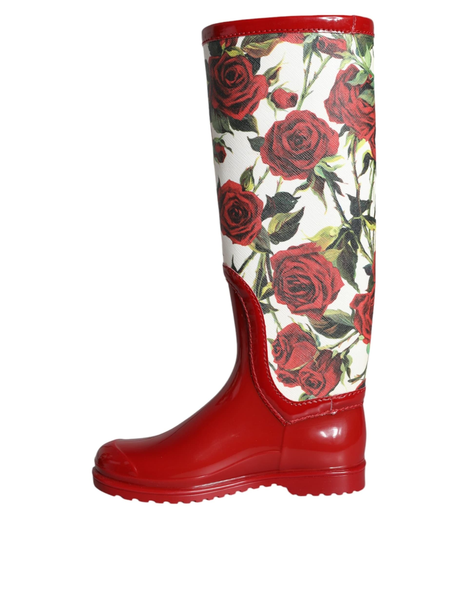 Dolce & Gabbana Red Floral Rubber Knee High Flat Boots Shoes - 5
