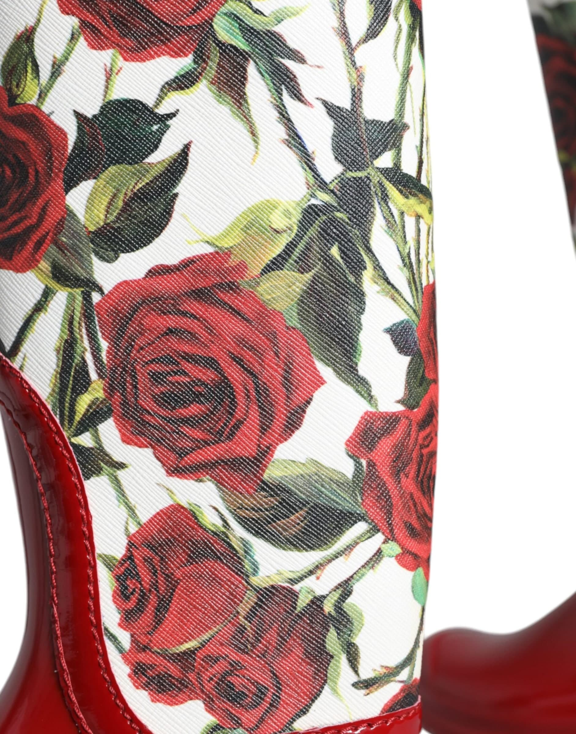 Dolce & Gabbana Red Floral Rubber Knee High Flat Boots Shoes - 7