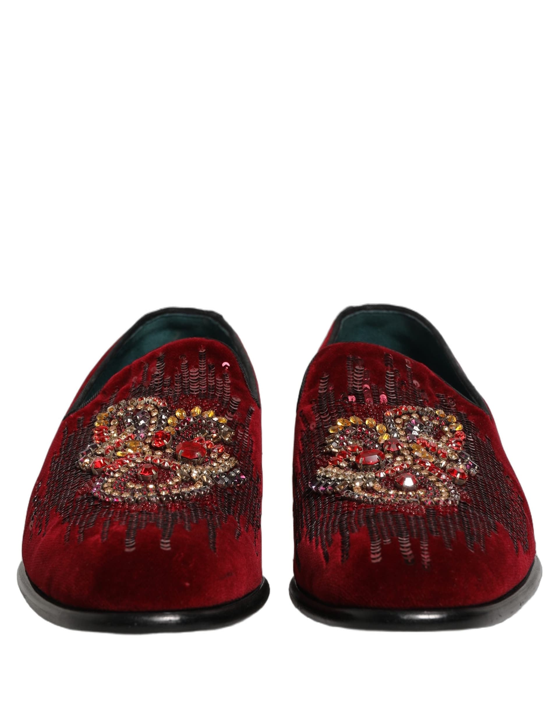 Dolce & Gabbana Maroon Sequin Gemstone Dress Loafers Shoes - 2