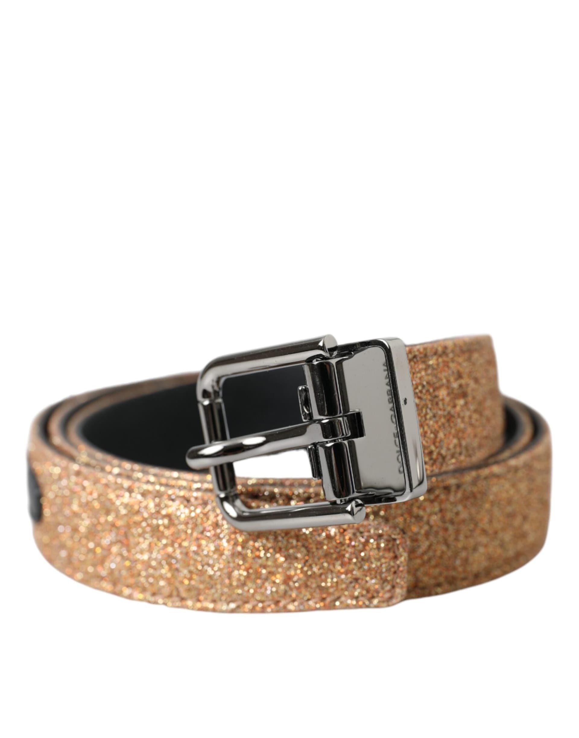 Dolce & Gabbana Gold Glitter Leather Silver Metal Buckle Belt - 2