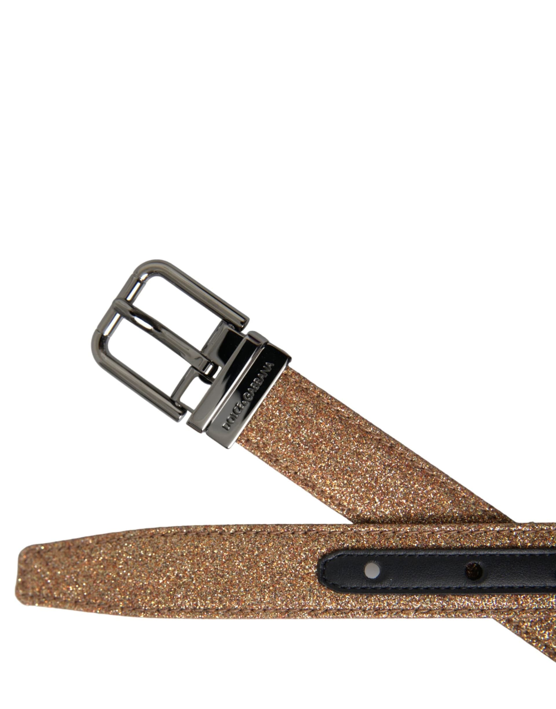 Dolce & Gabbana Gold Glitter Leather Silver Metal Buckle Belt - 6