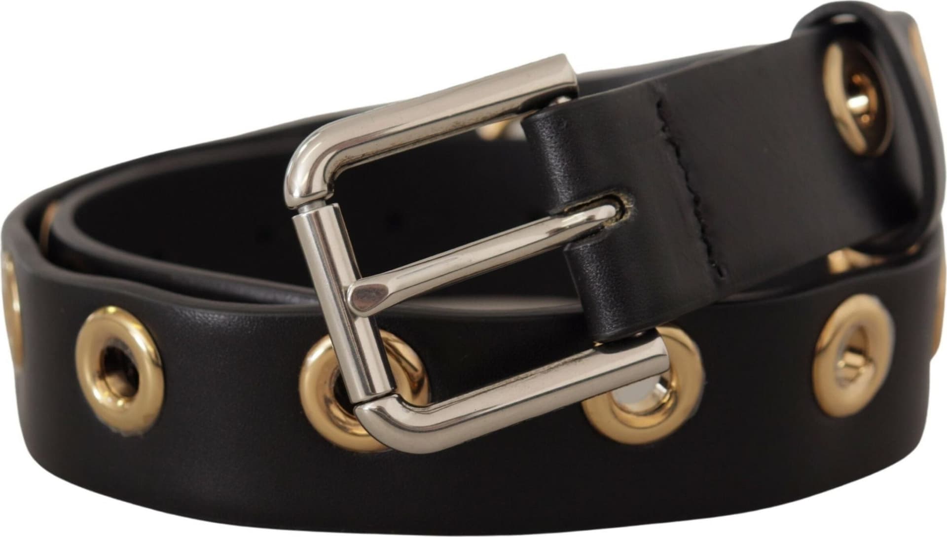 Dolce & Gabbana Black Leather Eyelet Silver Tone Metal Buckle Belt - 2