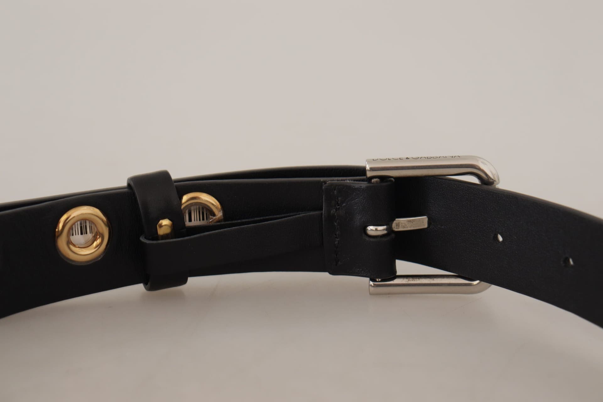 Dolce & Gabbana Black Leather Eyelet Silver Tone Metal Buckle Belt - 6