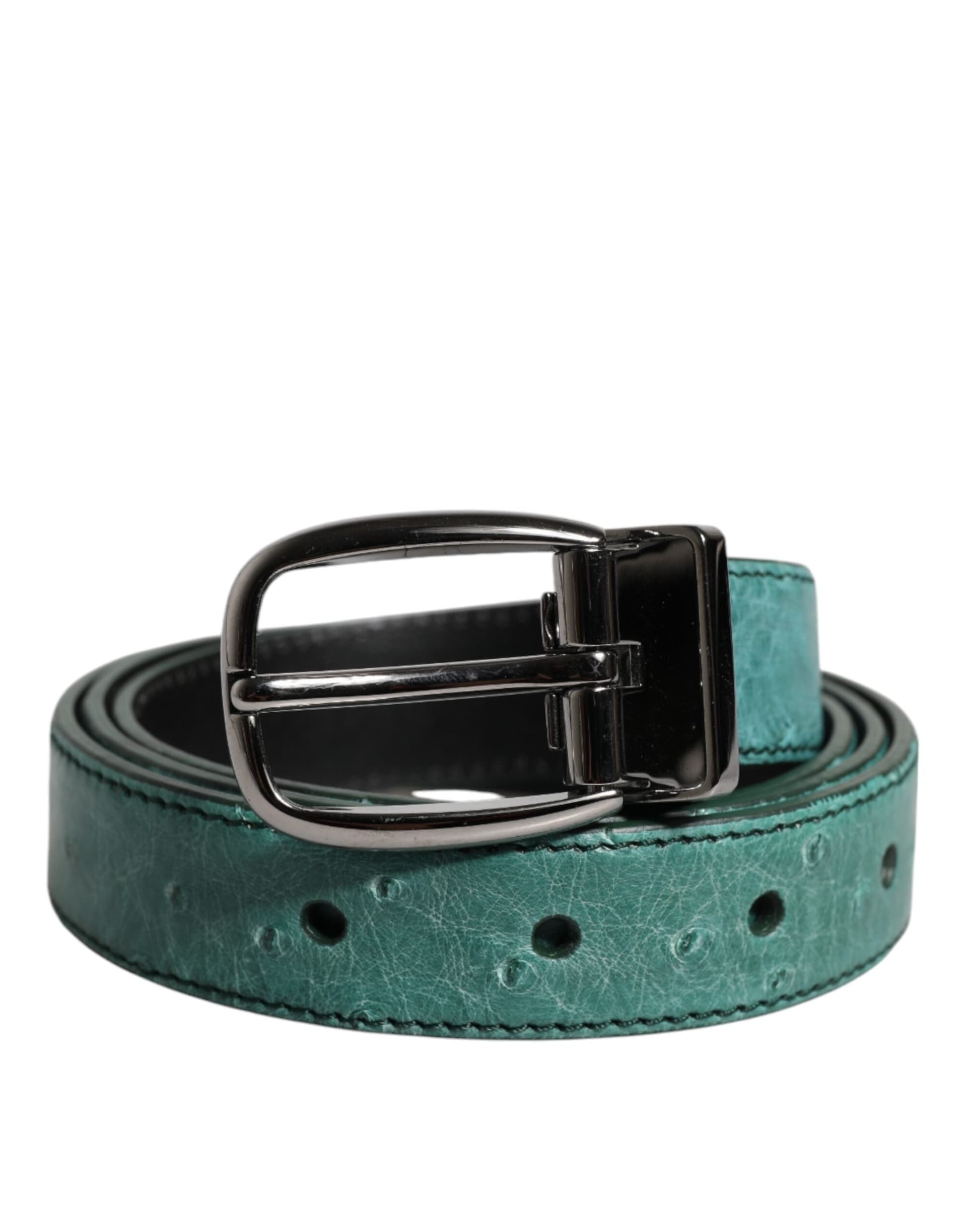 Dolce & Gabbana Green Ostrich Leather Silver Metal Buckle Belt - 2