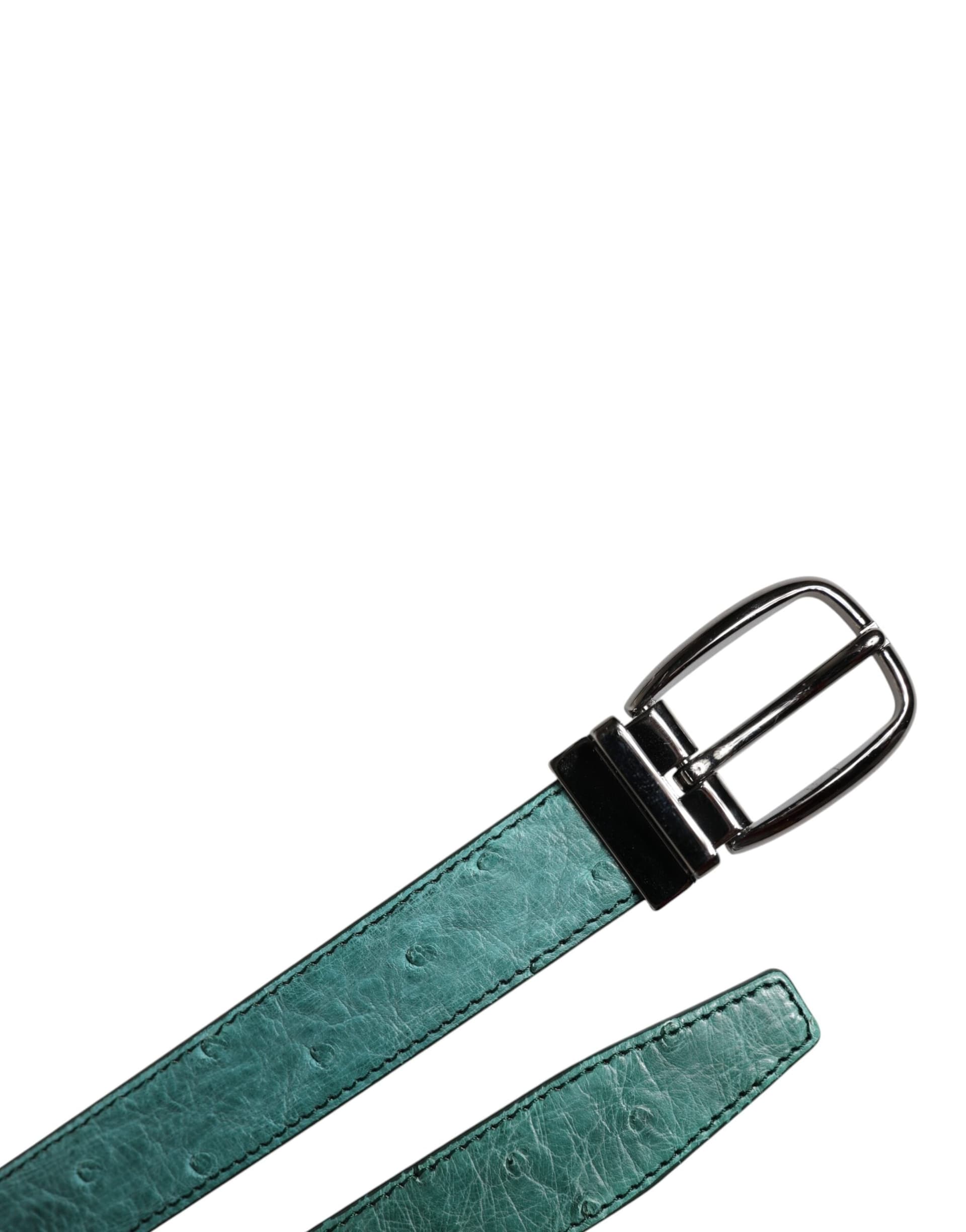 Dolce & Gabbana Green Ostrich Leather Silver Metal Buckle Belt - 6