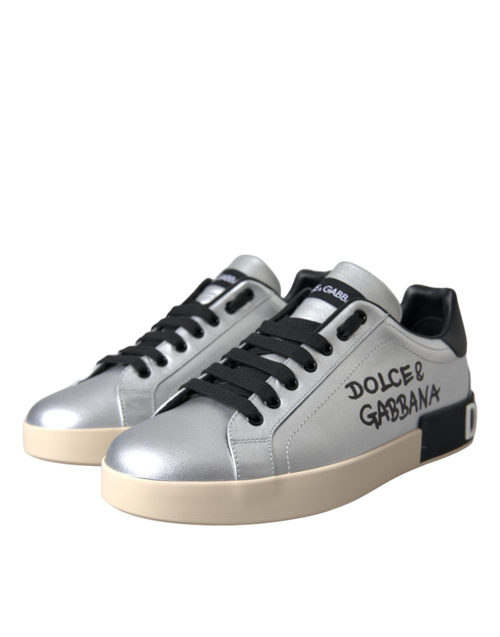 Dolce & Gabbana Silver Portofino Calf Leather Sneakers Men Shoes - 2