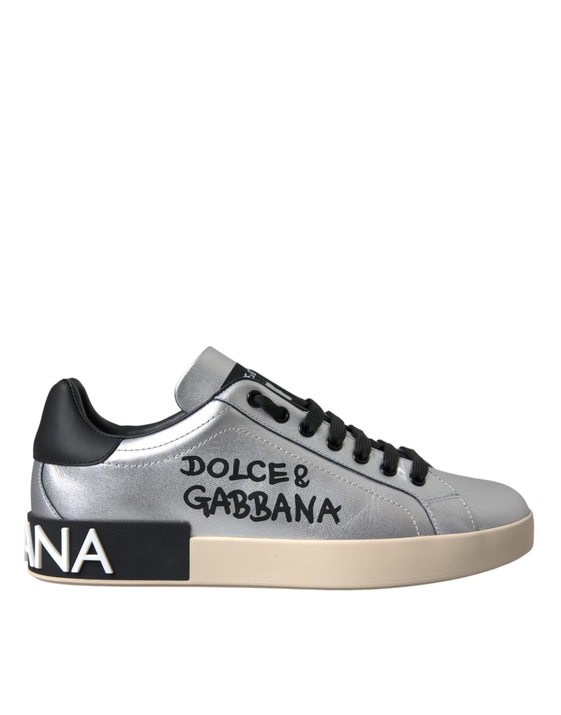 Dolce & Gabbana Silver Portofino Calf Leather Sneakers Men Shoes - 5