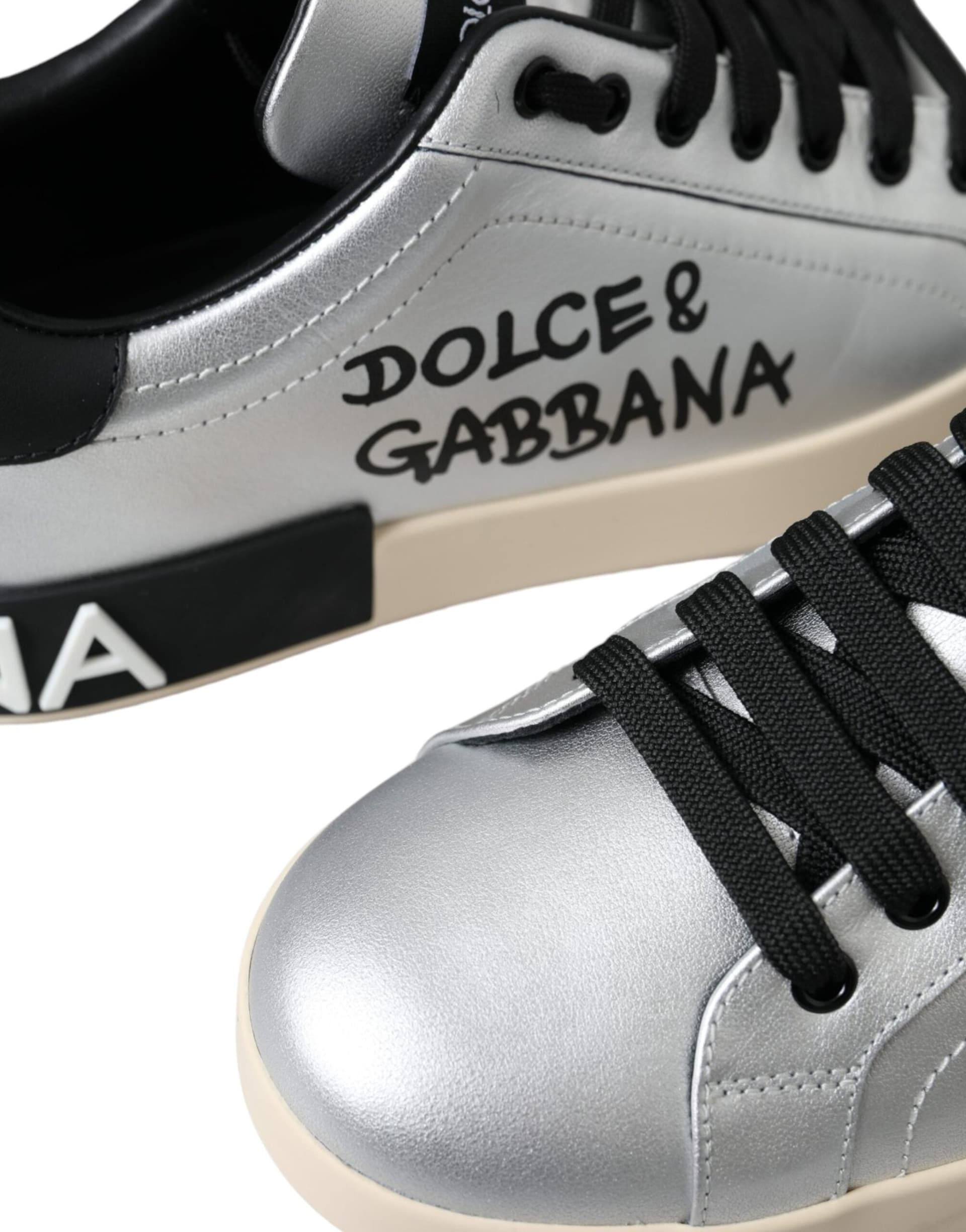 Dolce & Gabbana Silver Portofino Calf Leather Sneakers Men Shoes - 8