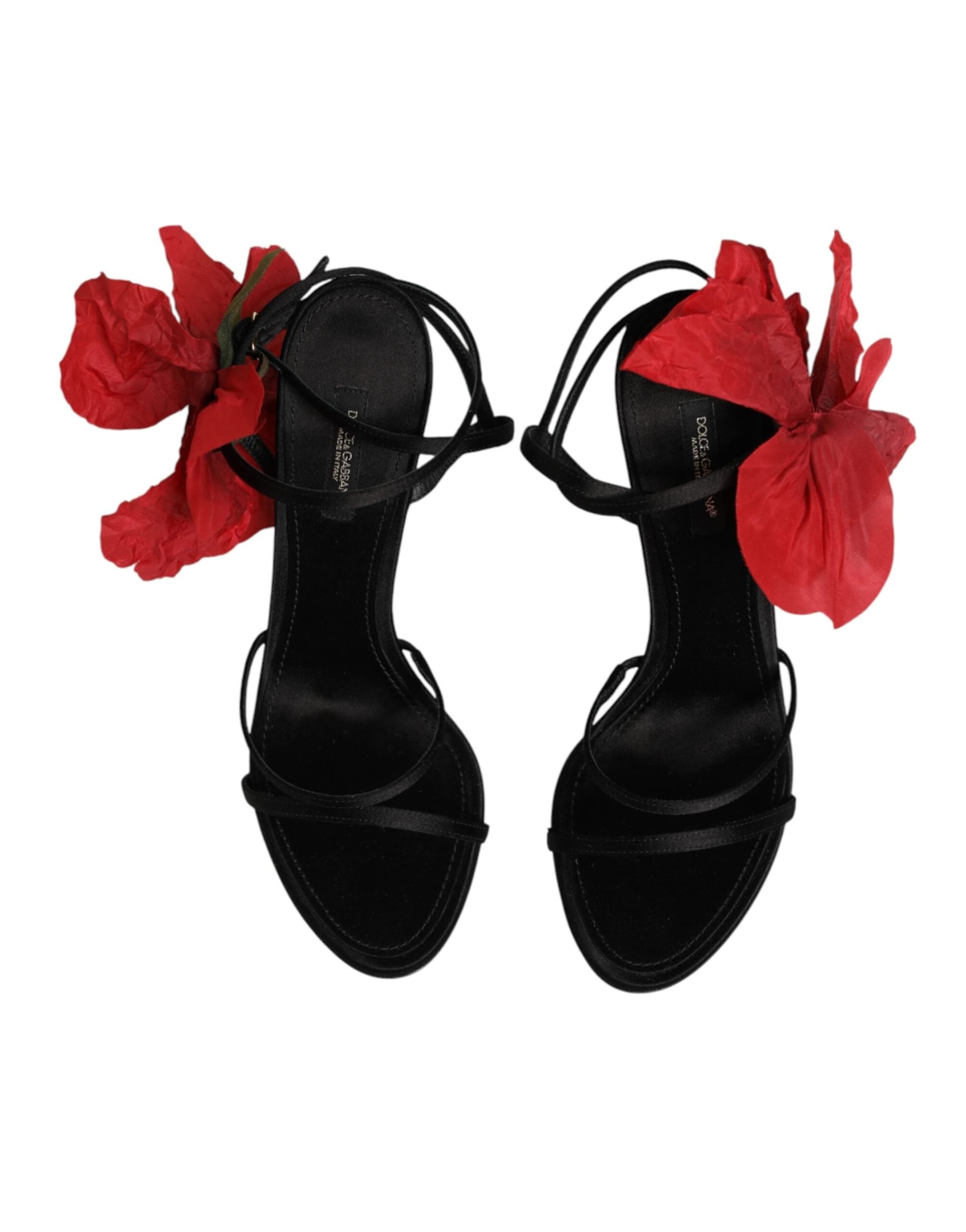 Dolce & Gabbana Black Leather Strappy Flower Heels Sandals  Shoes - 2