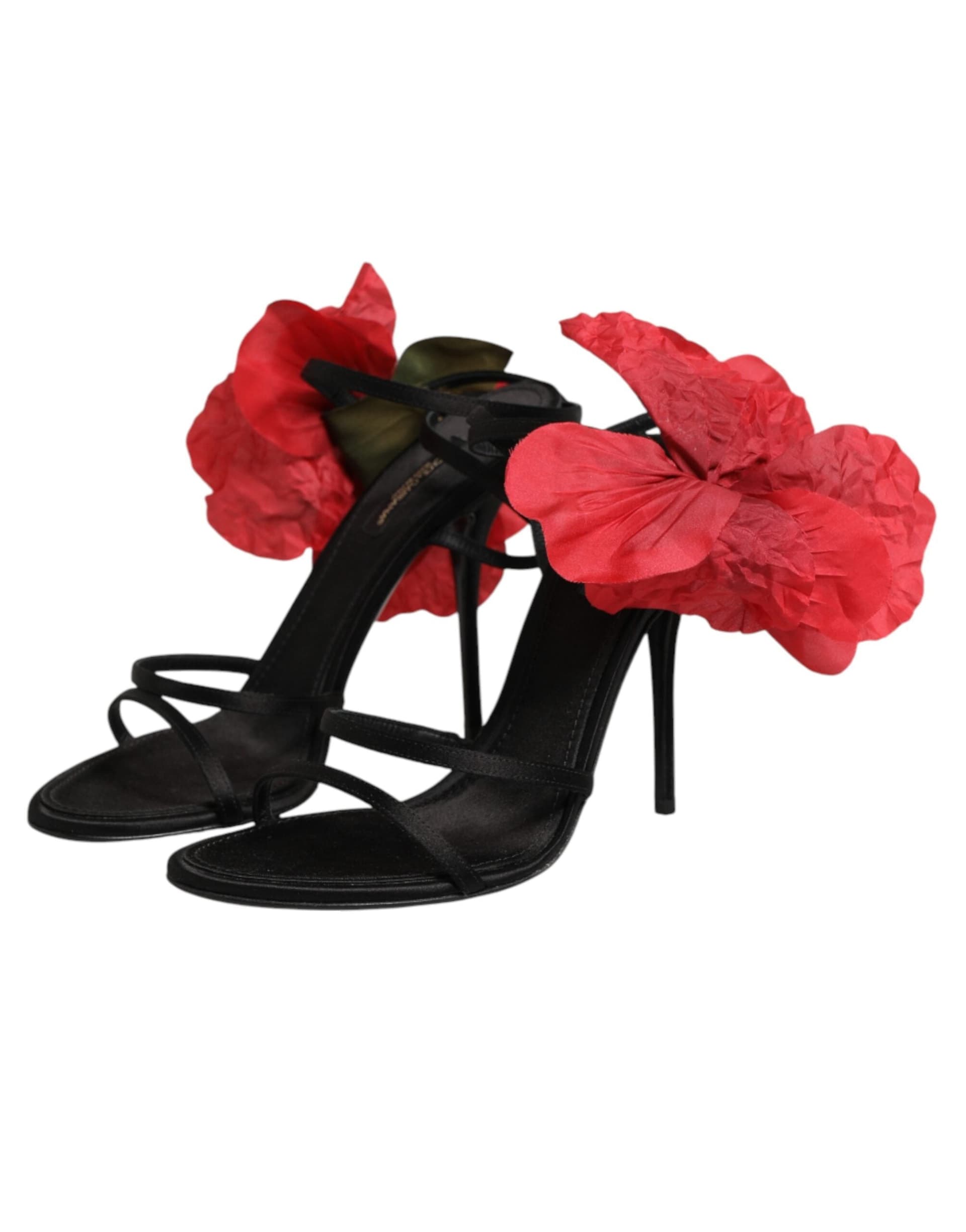 Dolce & Gabbana Black Leather Strappy Flower Heels Sandals  Shoes - 3