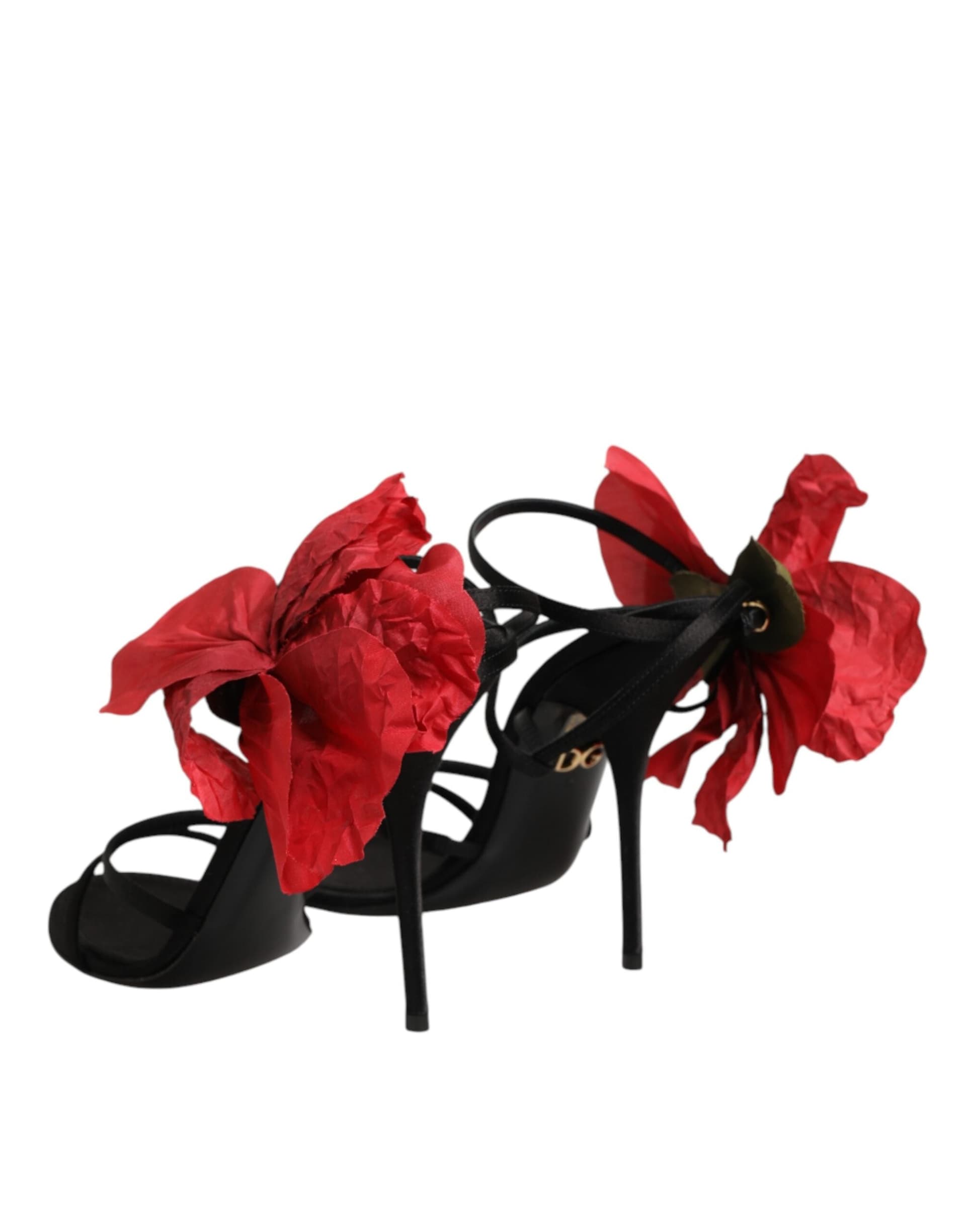 Dolce & Gabbana Black Leather Strappy Flower Heels Sandals  Shoes - 4