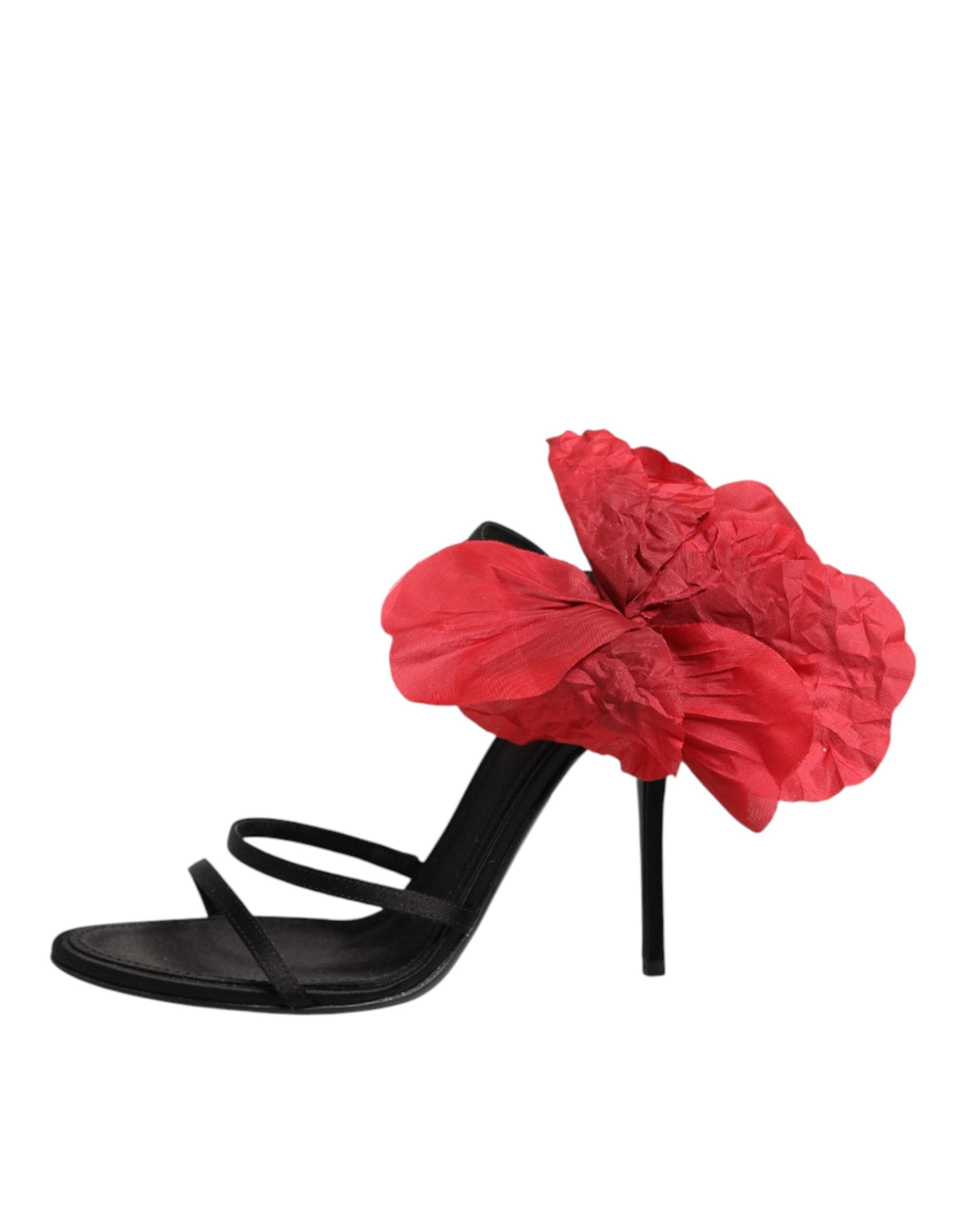 Dolce & Gabbana Black Leather Strappy Flower Heels Sandals  Shoes - 5
