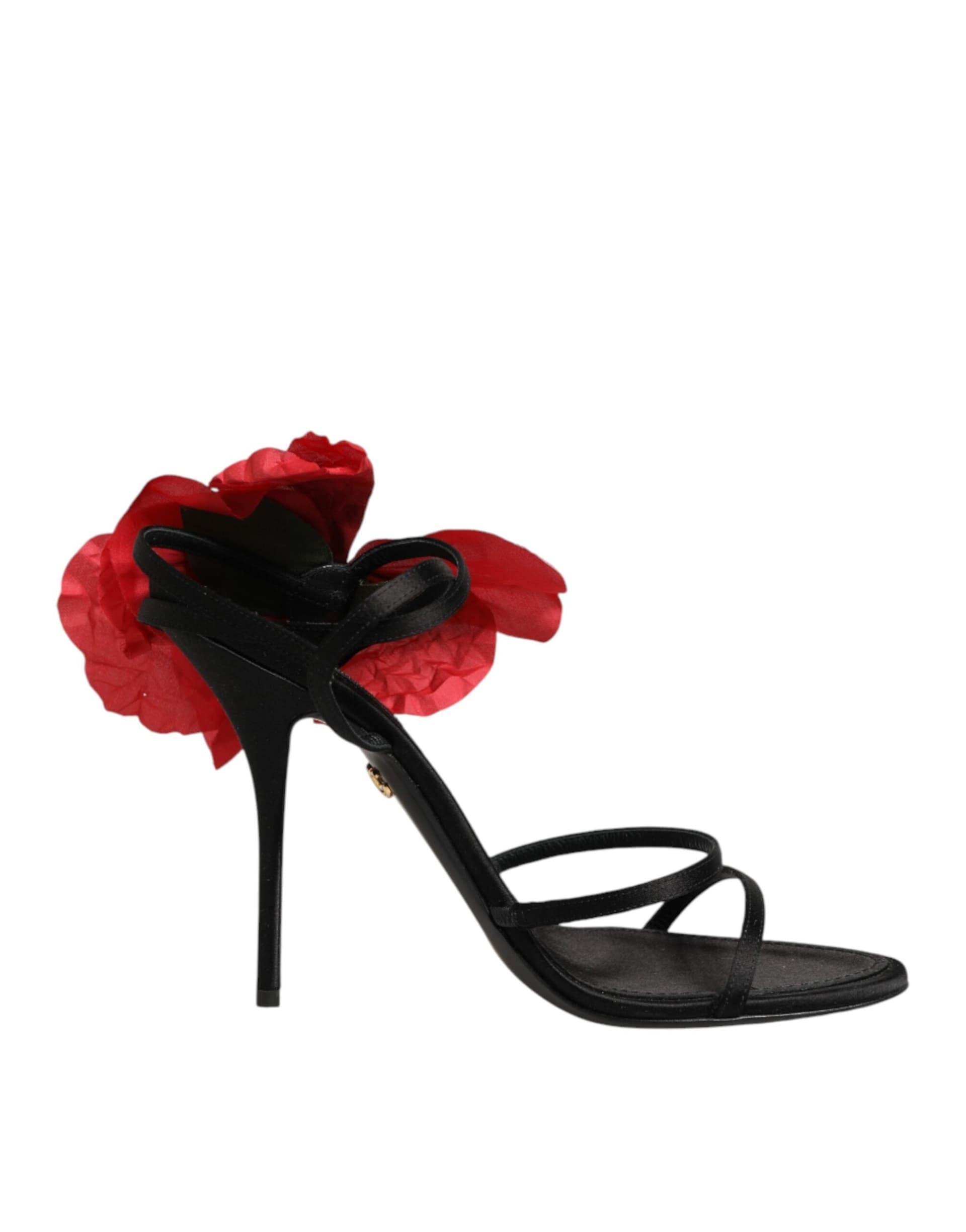 Dolce & Gabbana Black Leather Strappy Flower Heels Sandals  Shoes - 6