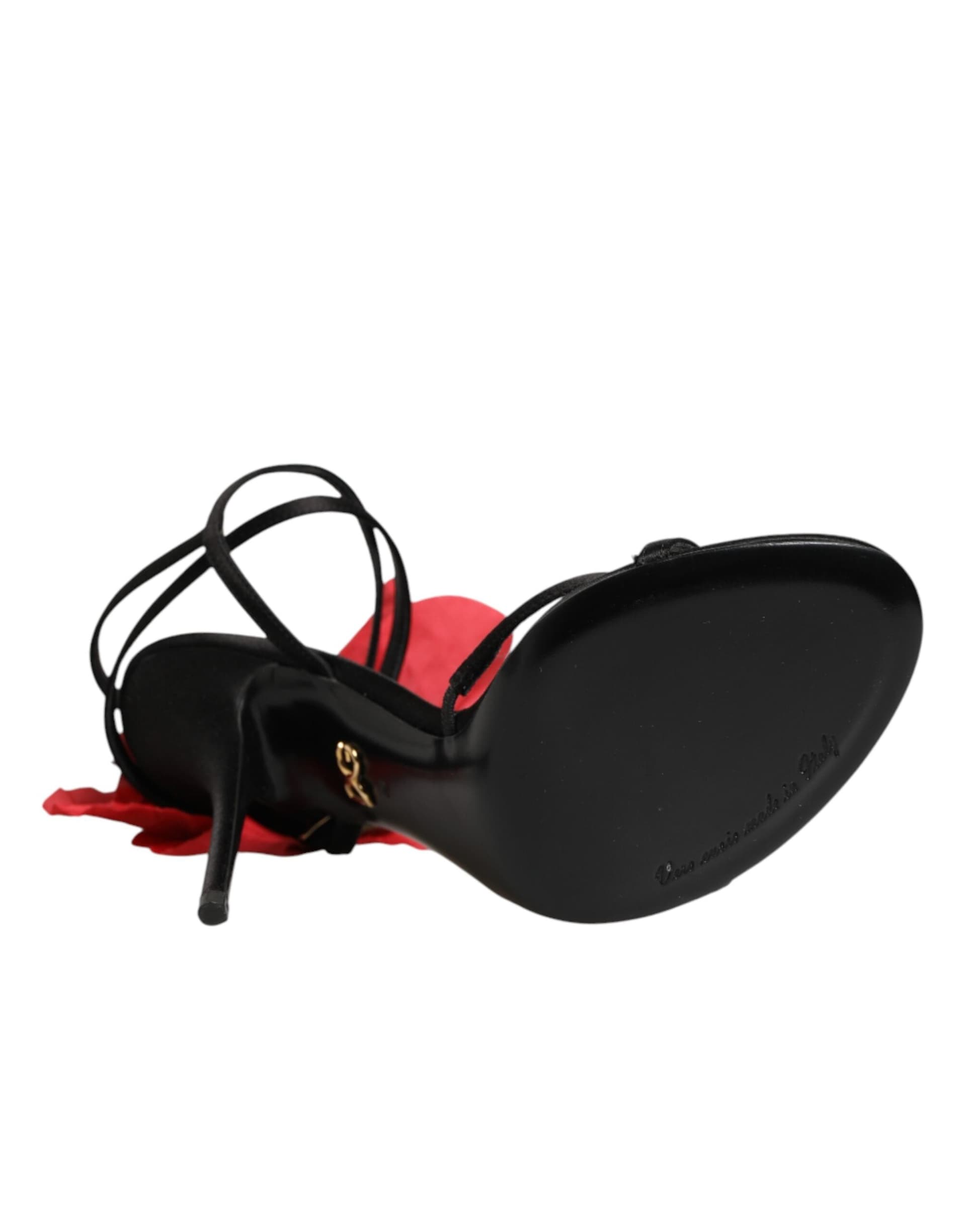 Dolce & Gabbana Black Leather Strappy Flower Heels Sandals  Shoes - 8