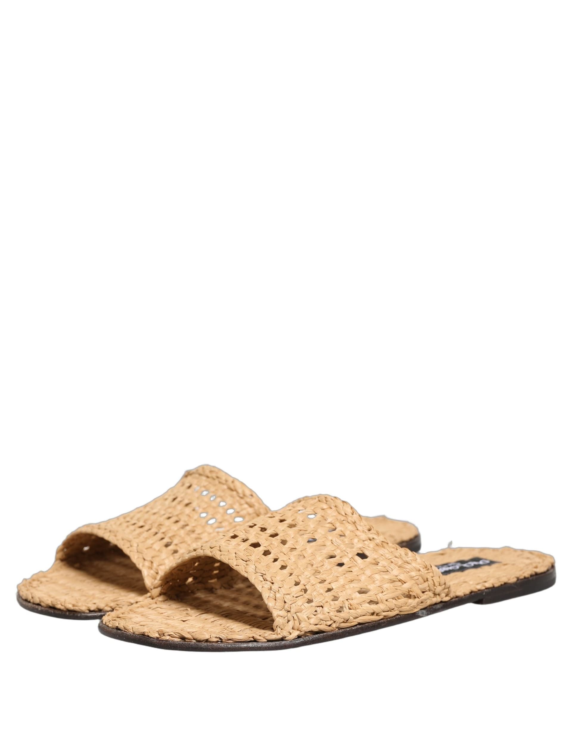 Dolce & Gabbana Beige Straw Raffia Slides Sandals Flats Shoes - 3