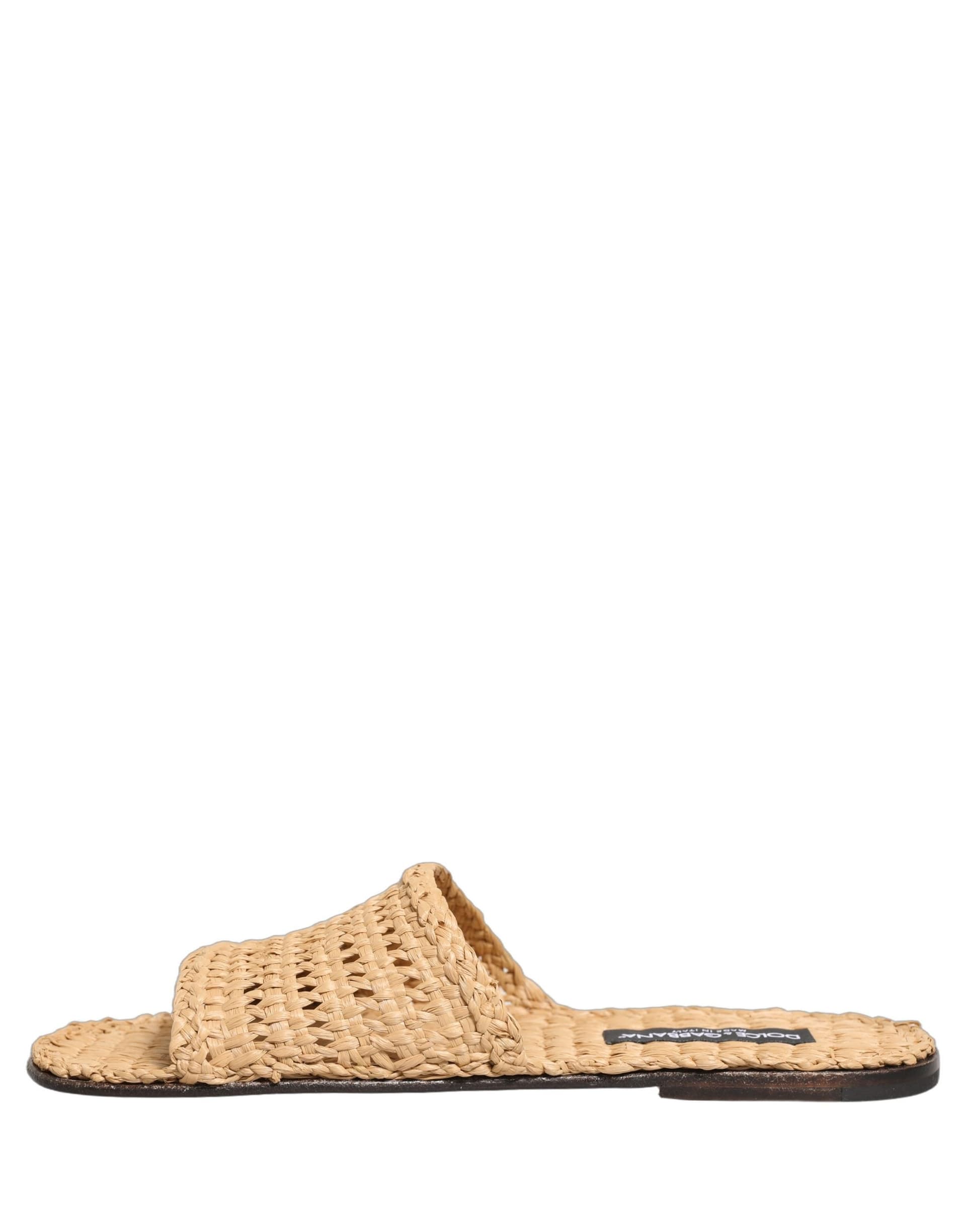 Dolce & Gabbana Beige Straw Raffia Slides Sandals Flats Shoes - 5