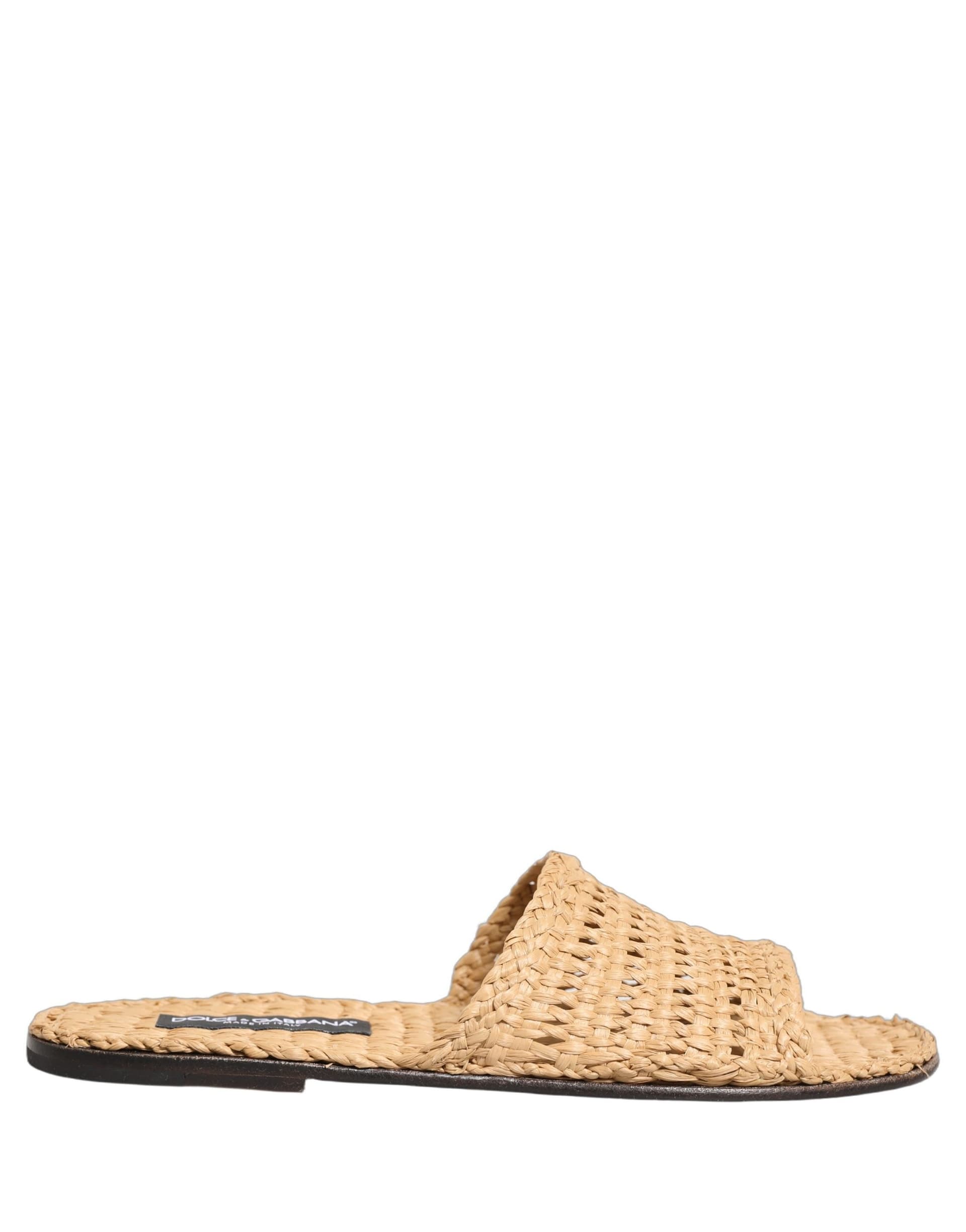 Dolce & Gabbana Beige Straw Raffia Slides Sandals Flats Shoes - 6