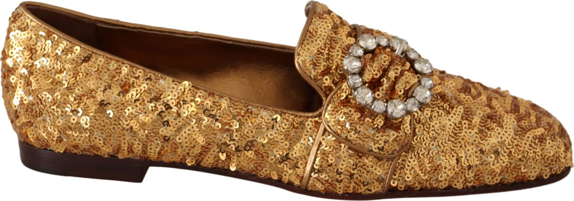 Dolce & Gabbana Gold Sequin Crystal Flat Women Loafers Shoes