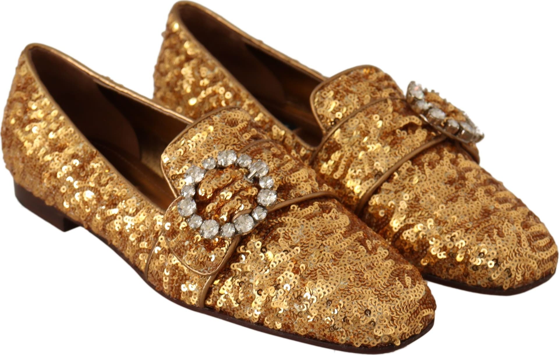 Dolce & Gabbana Gold Sequin Crystal Flat Women Loafers Shoes - 6
