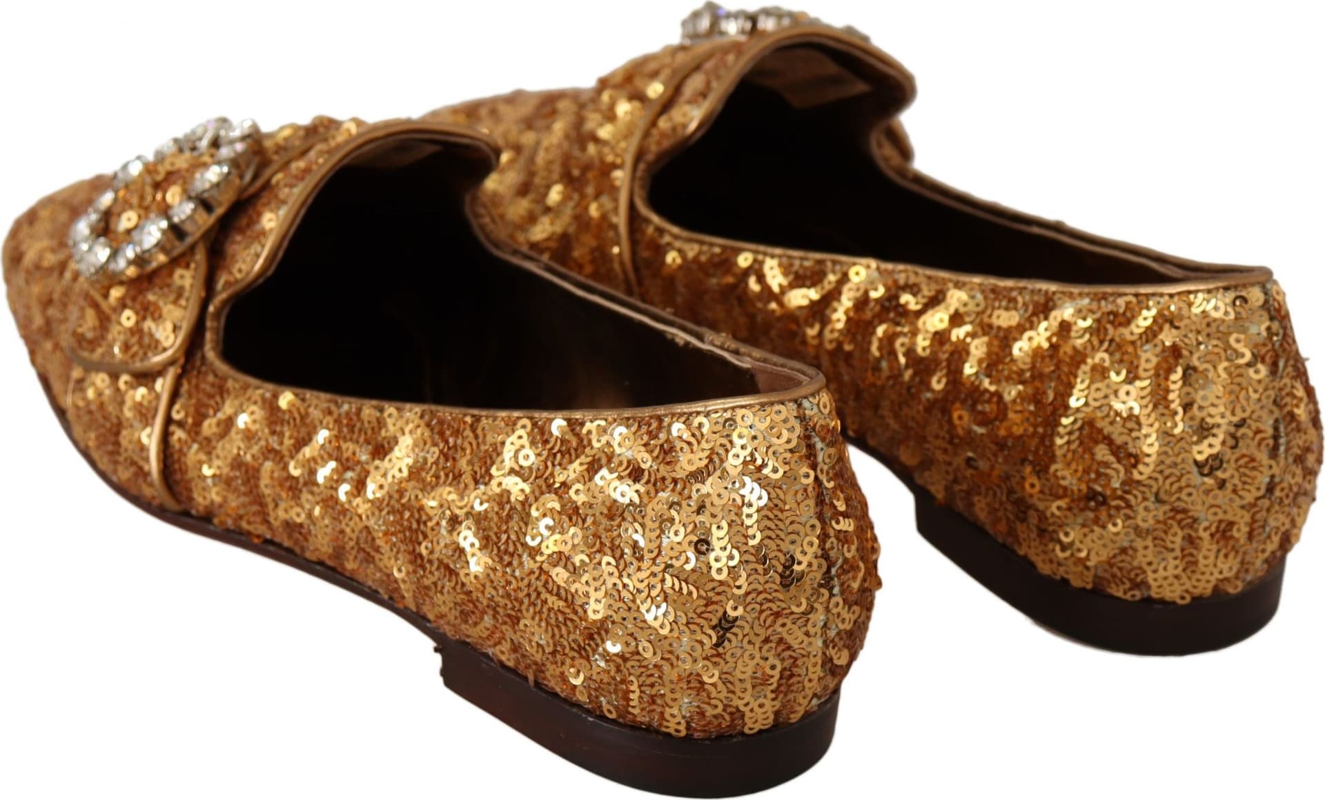 Dolce & Gabbana Gold Sequin Crystal Flat Women Loafers Shoes - 7