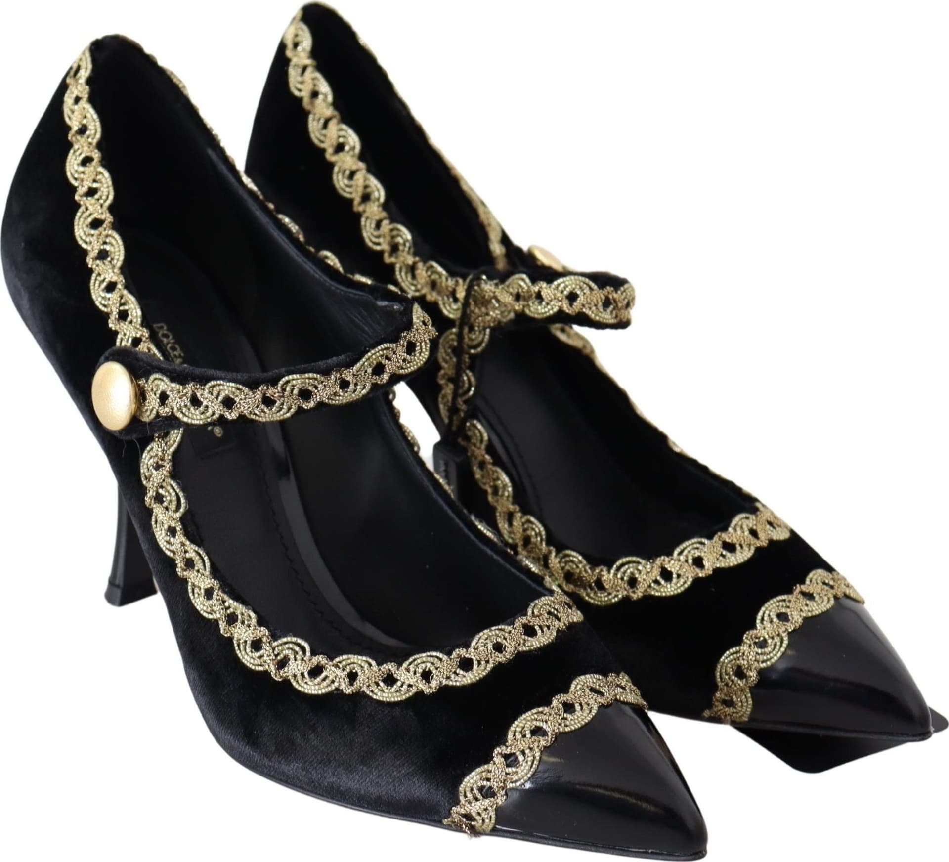 Dolce & Gabbana Black Velvet Gold Mary Janes Pumps - 2