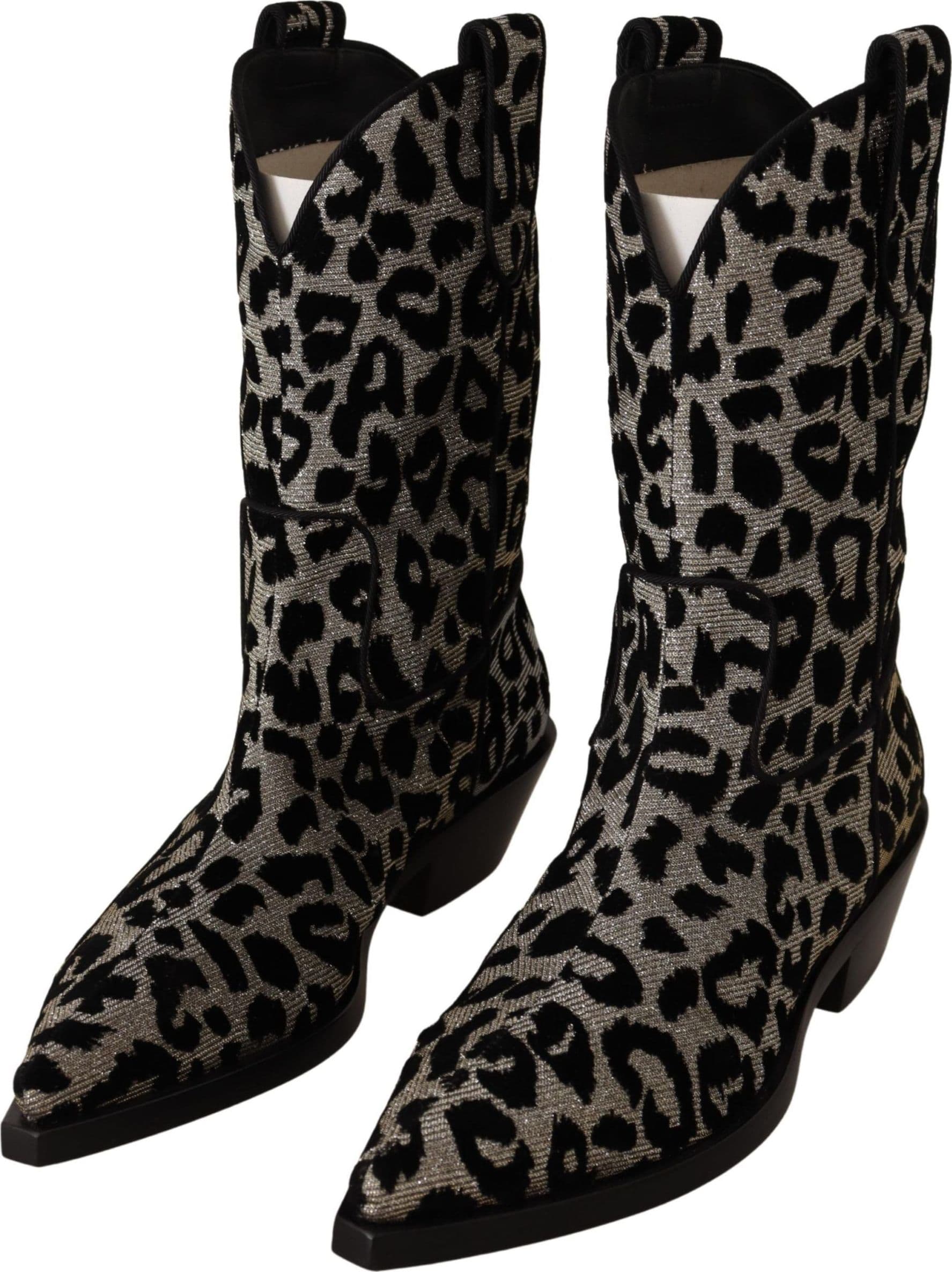 Dolce & Gabbana Gray Black Leopard Cowboy Boots Shoes - 2