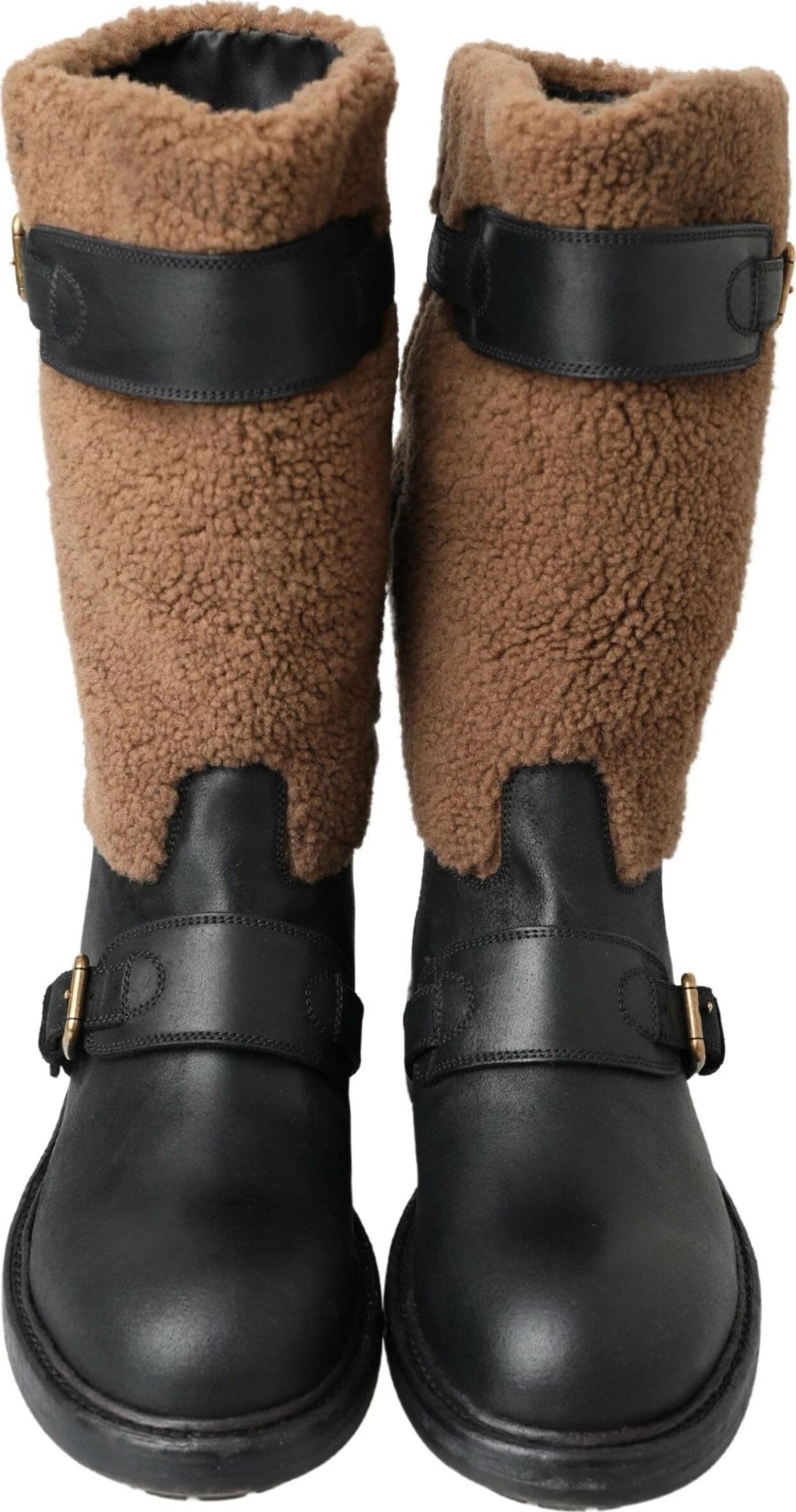 Dolce & Gabbana Black Leather Brown Shearling Boots - 3