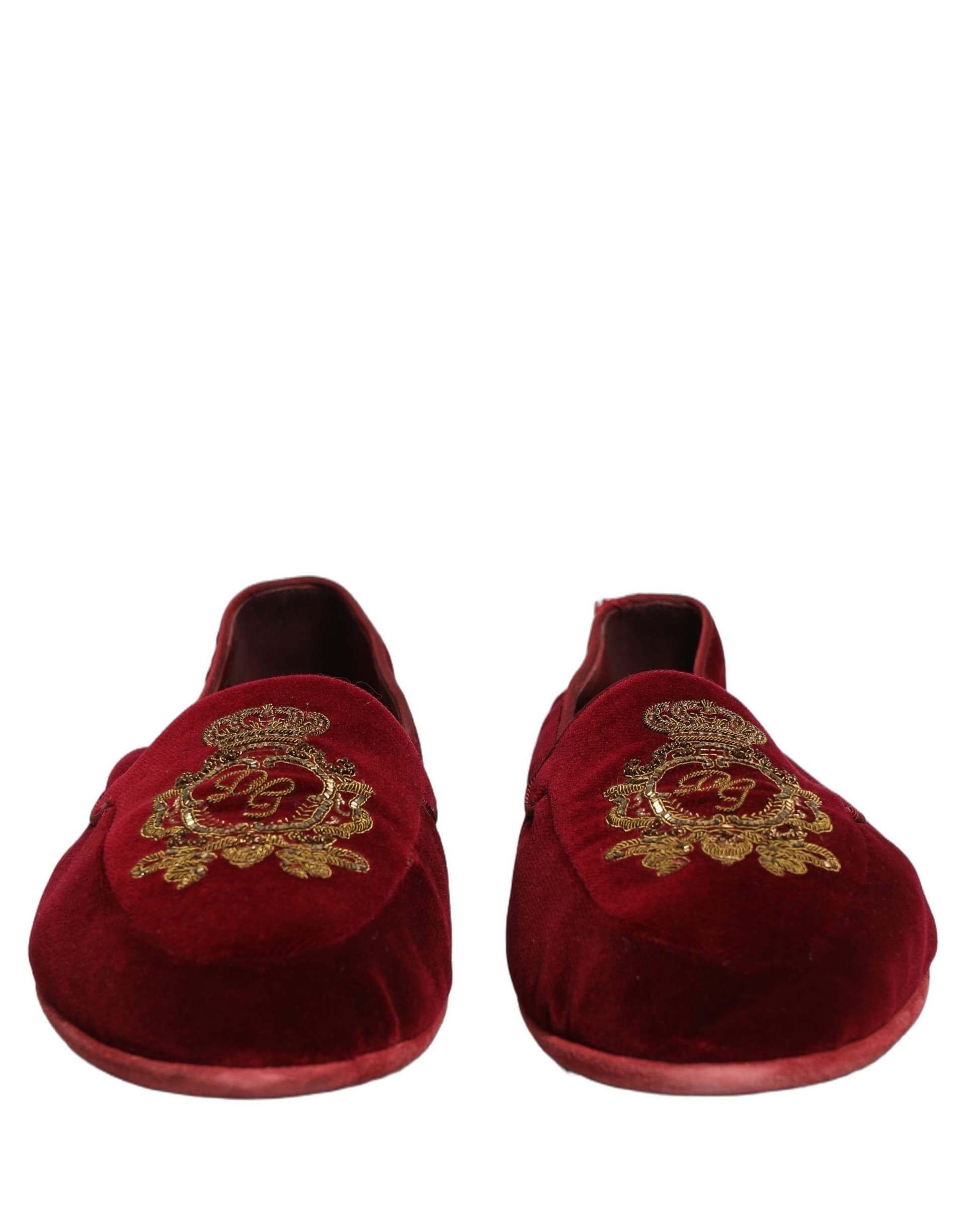 Dolce & Gabbana Maroon Velvet Crown Embroidery Loafers Shoes - 2