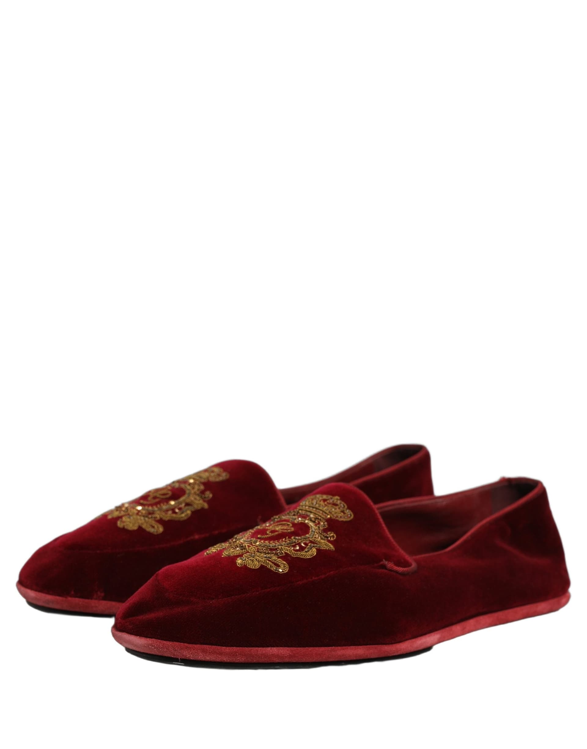 Dolce & Gabbana Maroon Velvet Crown Embroidery Loafers Shoes - 3