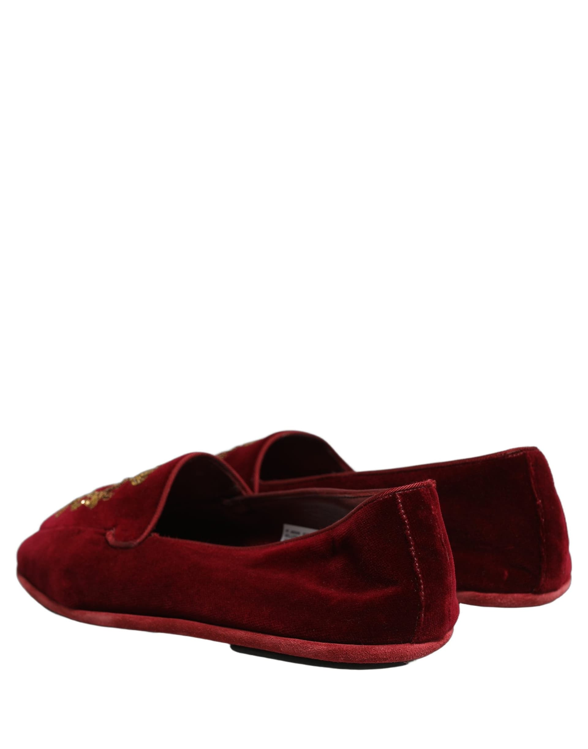Dolce & Gabbana Maroon Velvet Crown Embroidery Loafers Shoes - 4