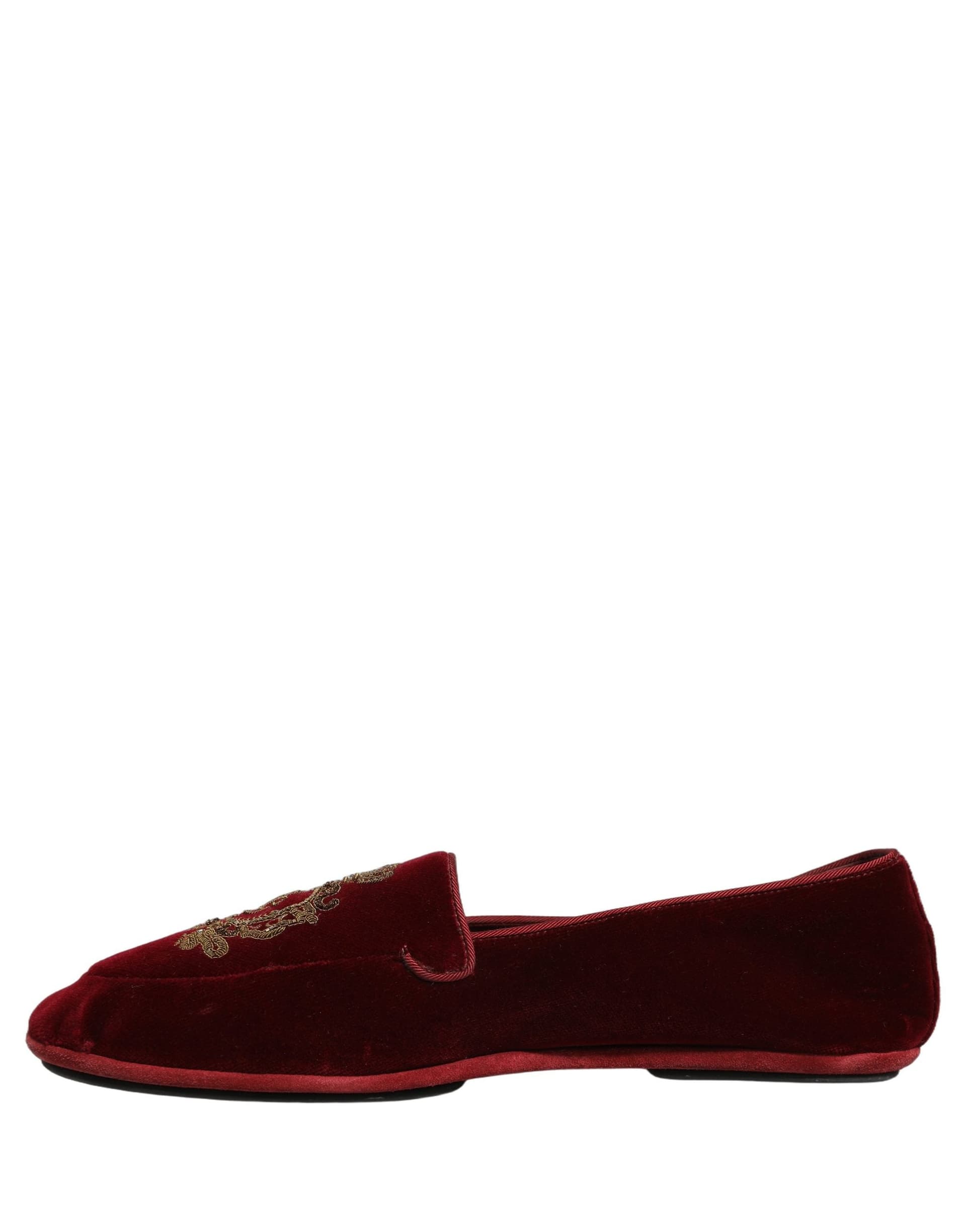 Dolce & Gabbana Maroon Velvet Crown Embroidery Loafers Shoes - 5