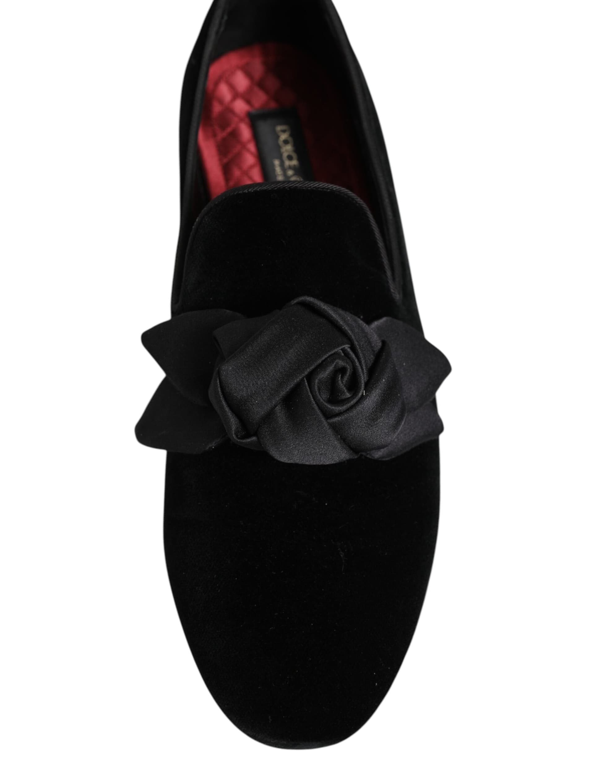 Dolce & Gabbana Black Suede Cotton Rose Slip On Loafers Shoes - 5