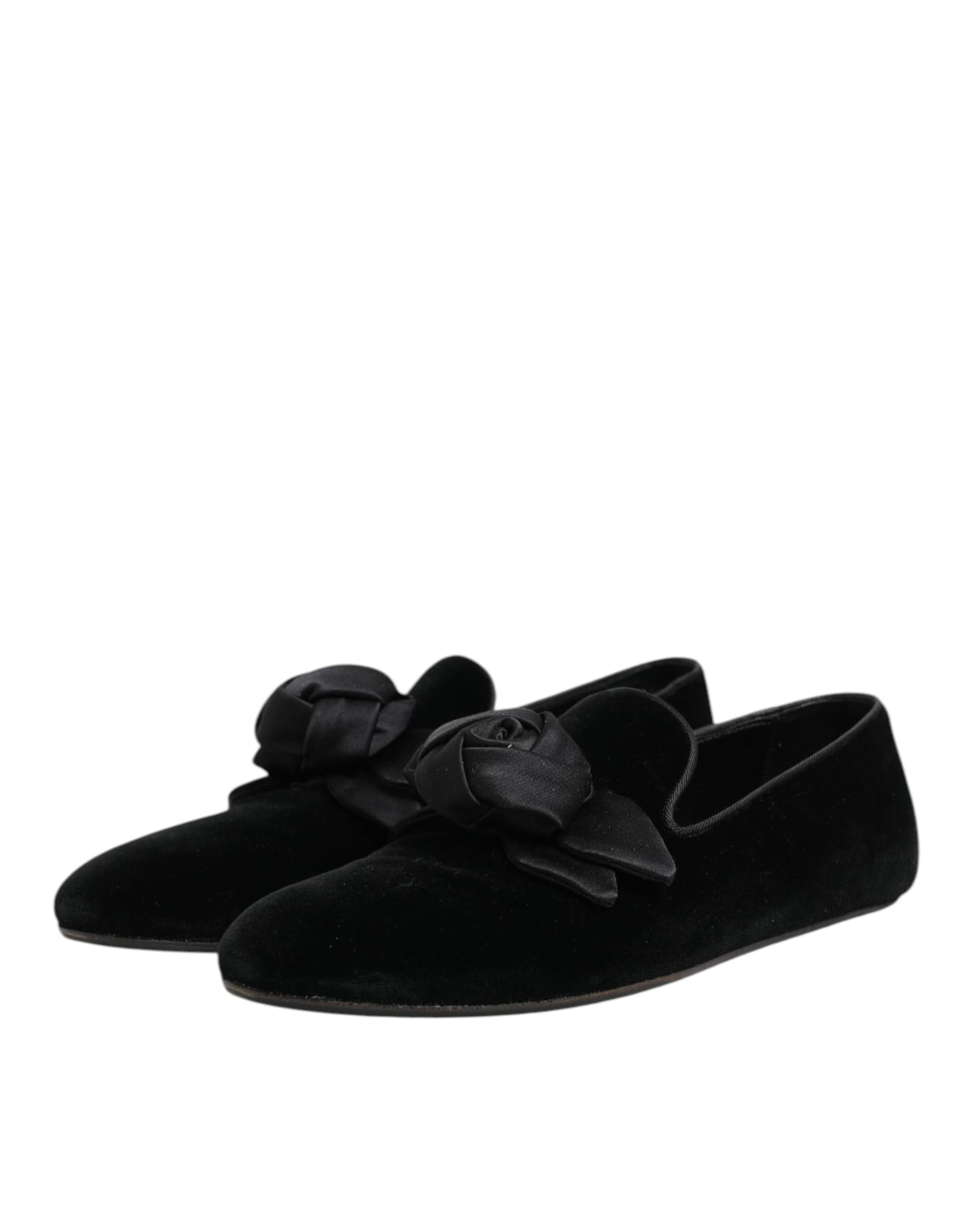 Dolce & Gabbana Black Suede Cotton Rose Slip On Loafers Shoes - 8