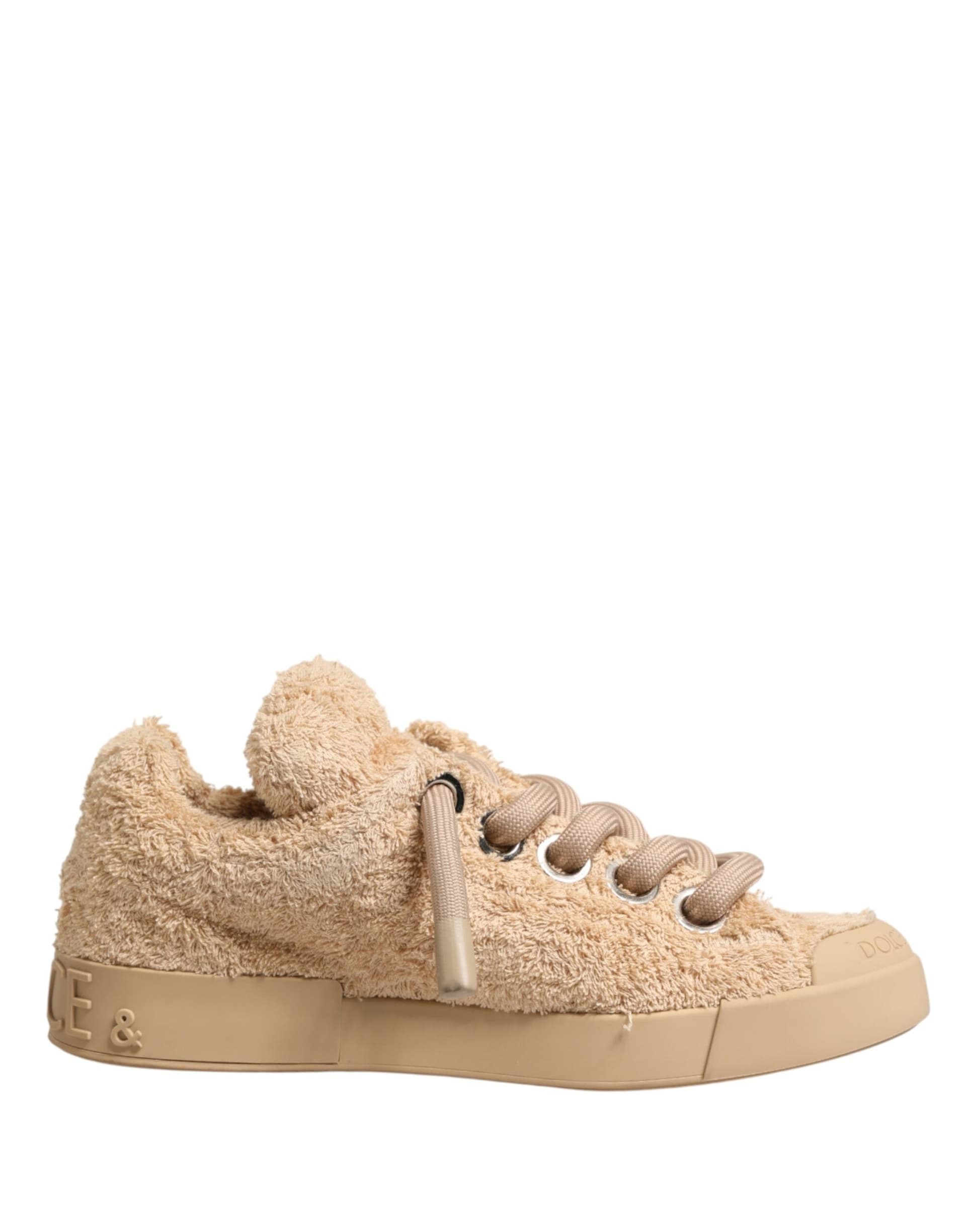 Dolce & Gabbana Shoes Beige Faux Shearling Low Top Sneakers - 7