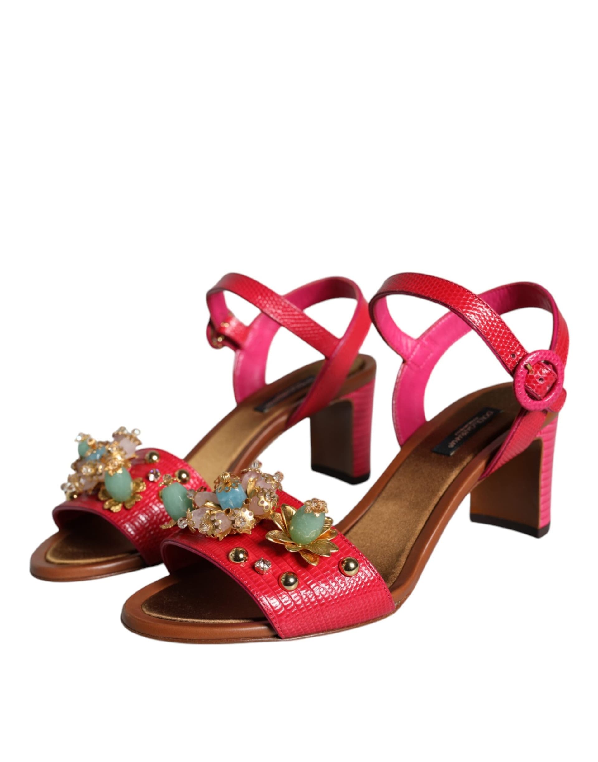 Dolce & Gabbana Fuchsia Leather Embellished Keira Sandals Shoes - 2