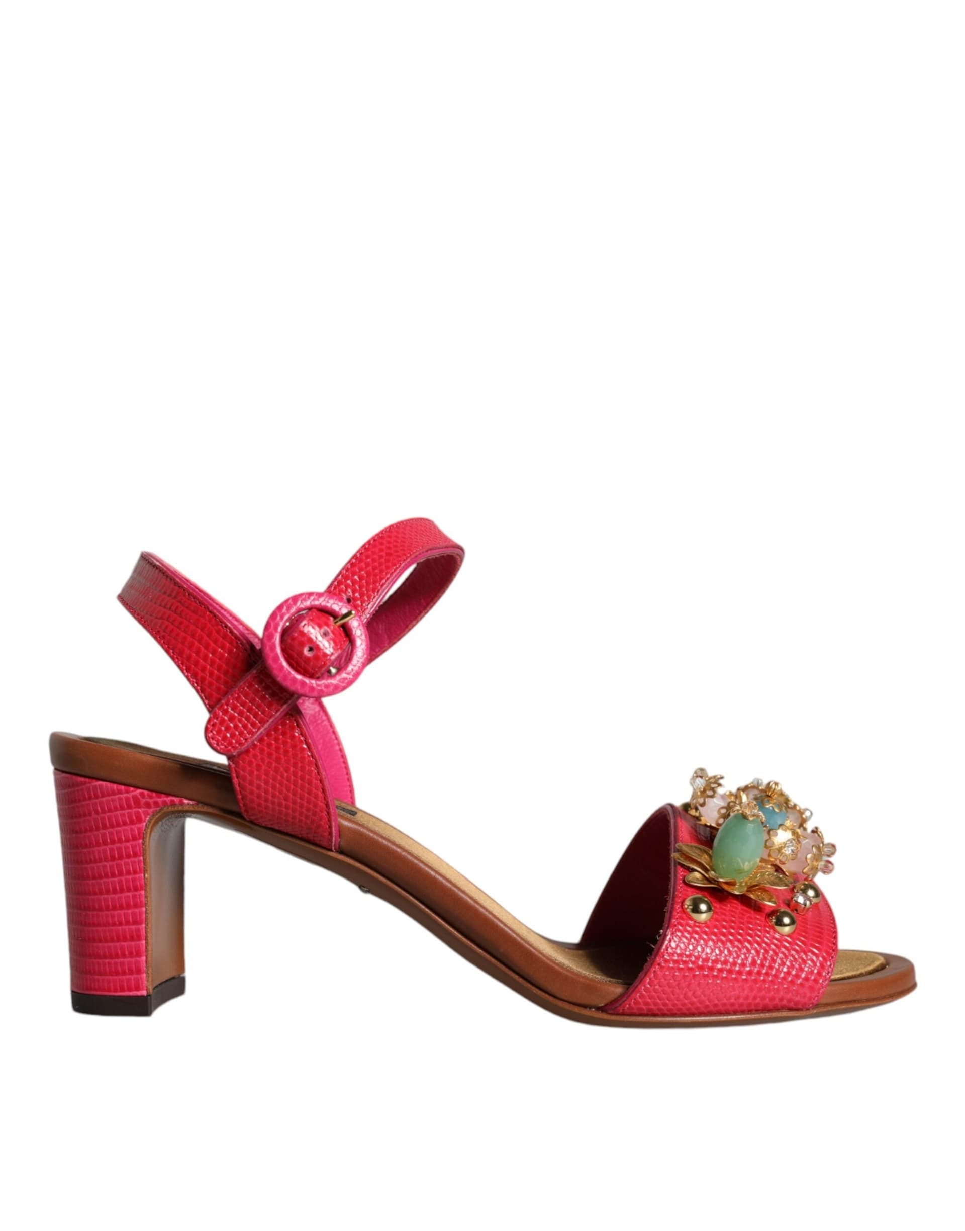 Dolce & Gabbana Fuchsia Leather Embellished Keira Sandals Shoes - 7