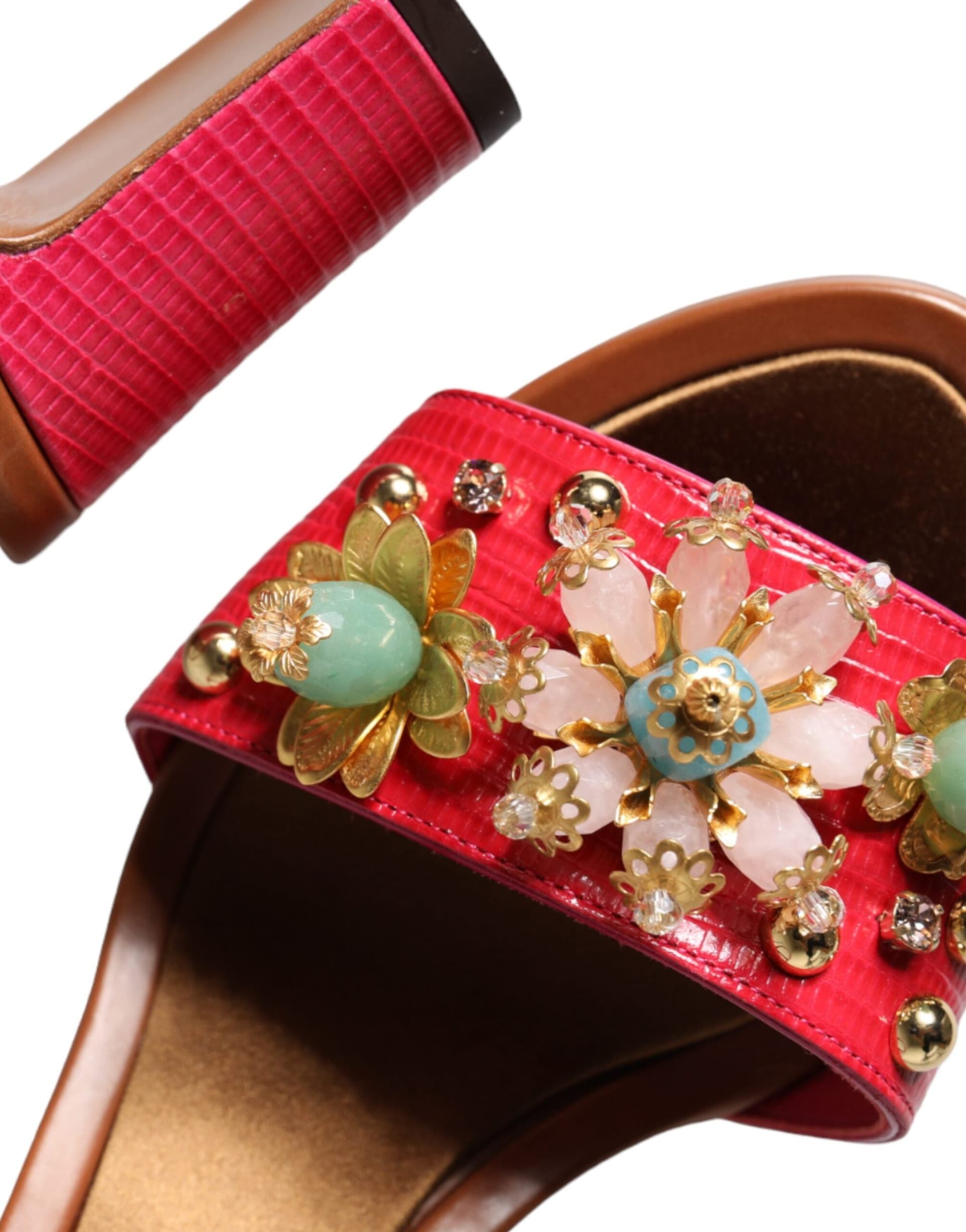 Dolce & Gabbana Fuchsia Leather Embellished Keira Sandals Shoes - 8