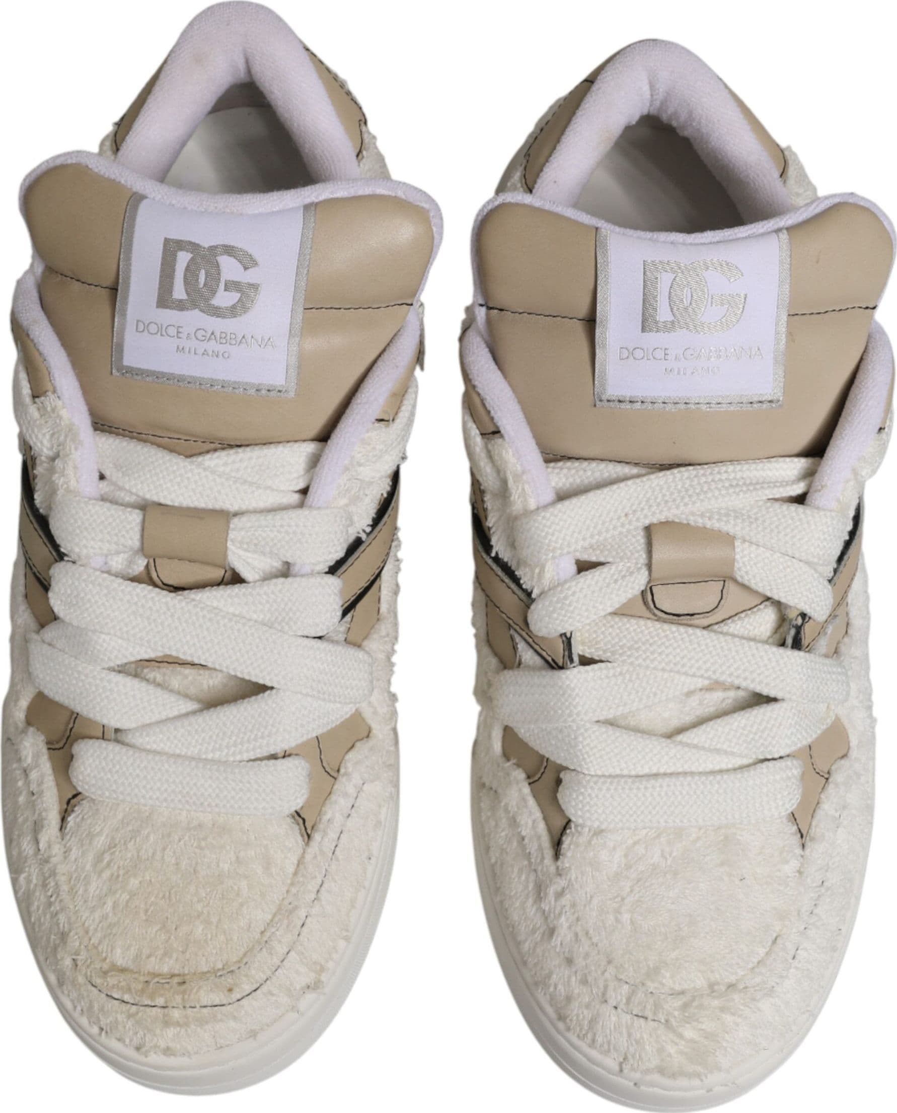 Dolce & Gabbana White Beige Faux Shearling Low Top Sneakers Shoes - 2