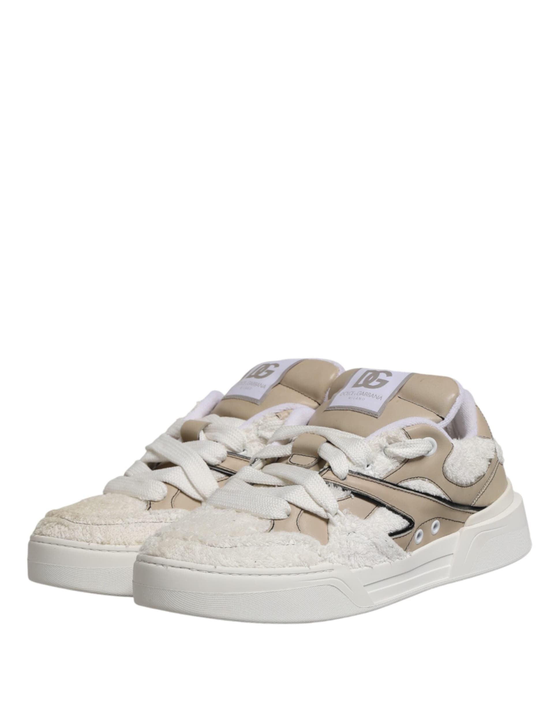 Dolce & Gabbana White Beige Faux Shearling Low Top Sneakers Shoes - 3