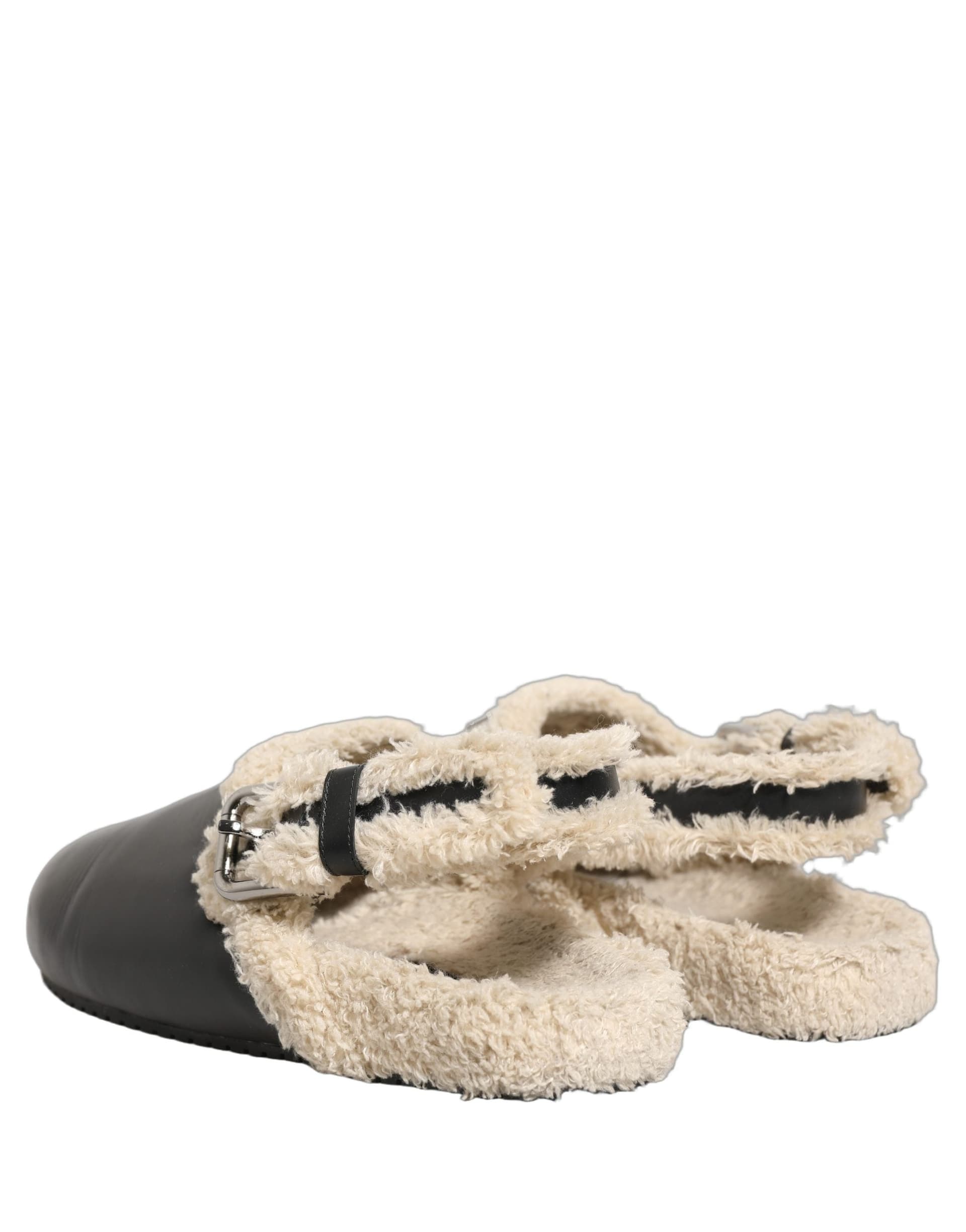 Dolce & Gabbana Beige Black Fur Shearling Slides Sandals Shoes - 5