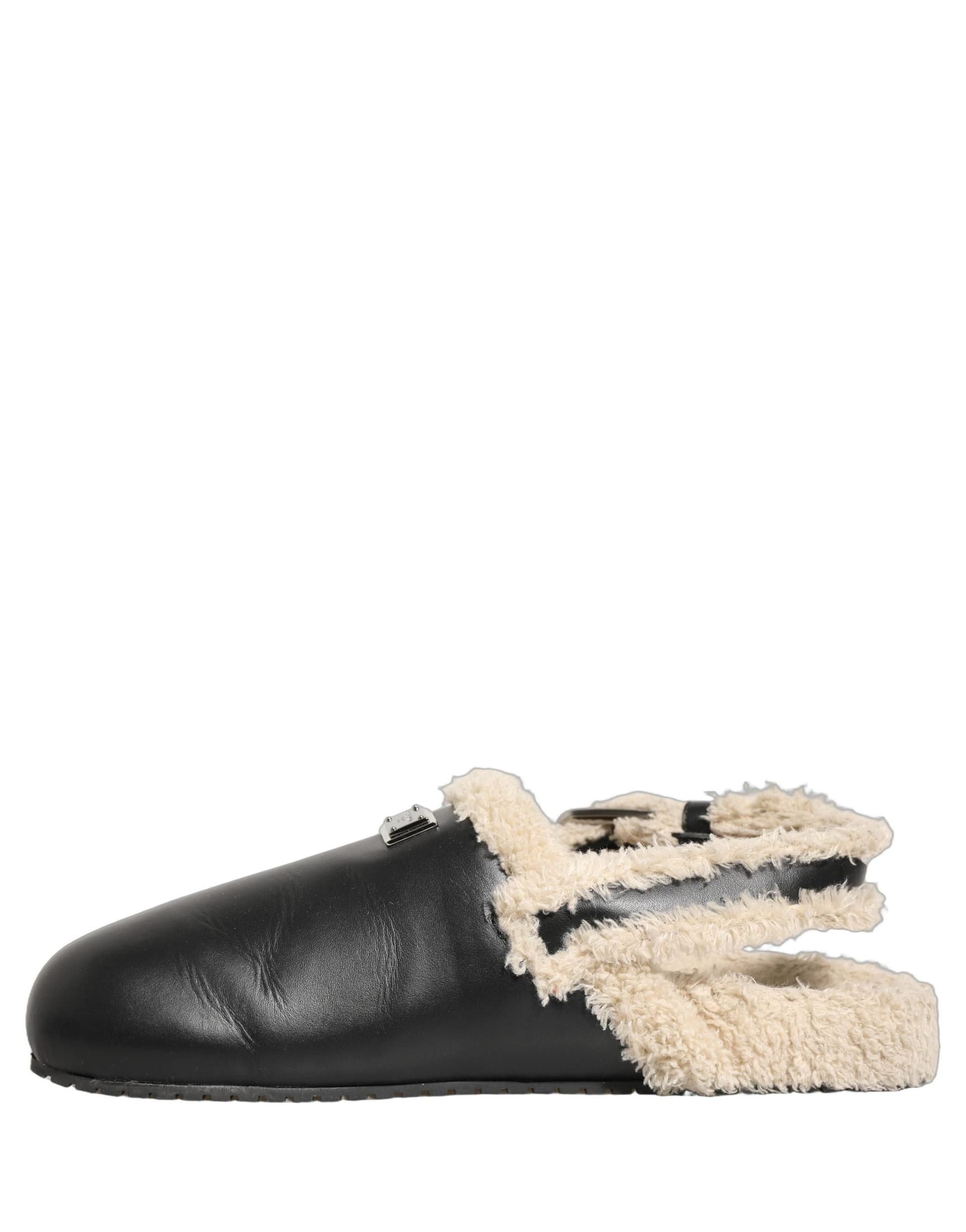 Dolce & Gabbana Beige Black Fur Shearling Slides Sandals Shoes - 6